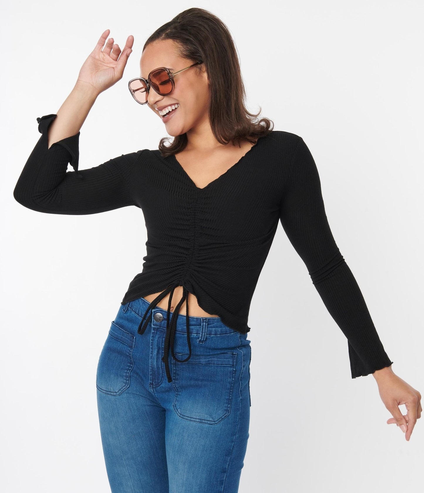 Black Scallop Hem Ruched Long Sleeve Top - Unique Vintage - Womens, TOPS, WOVEN TOPS