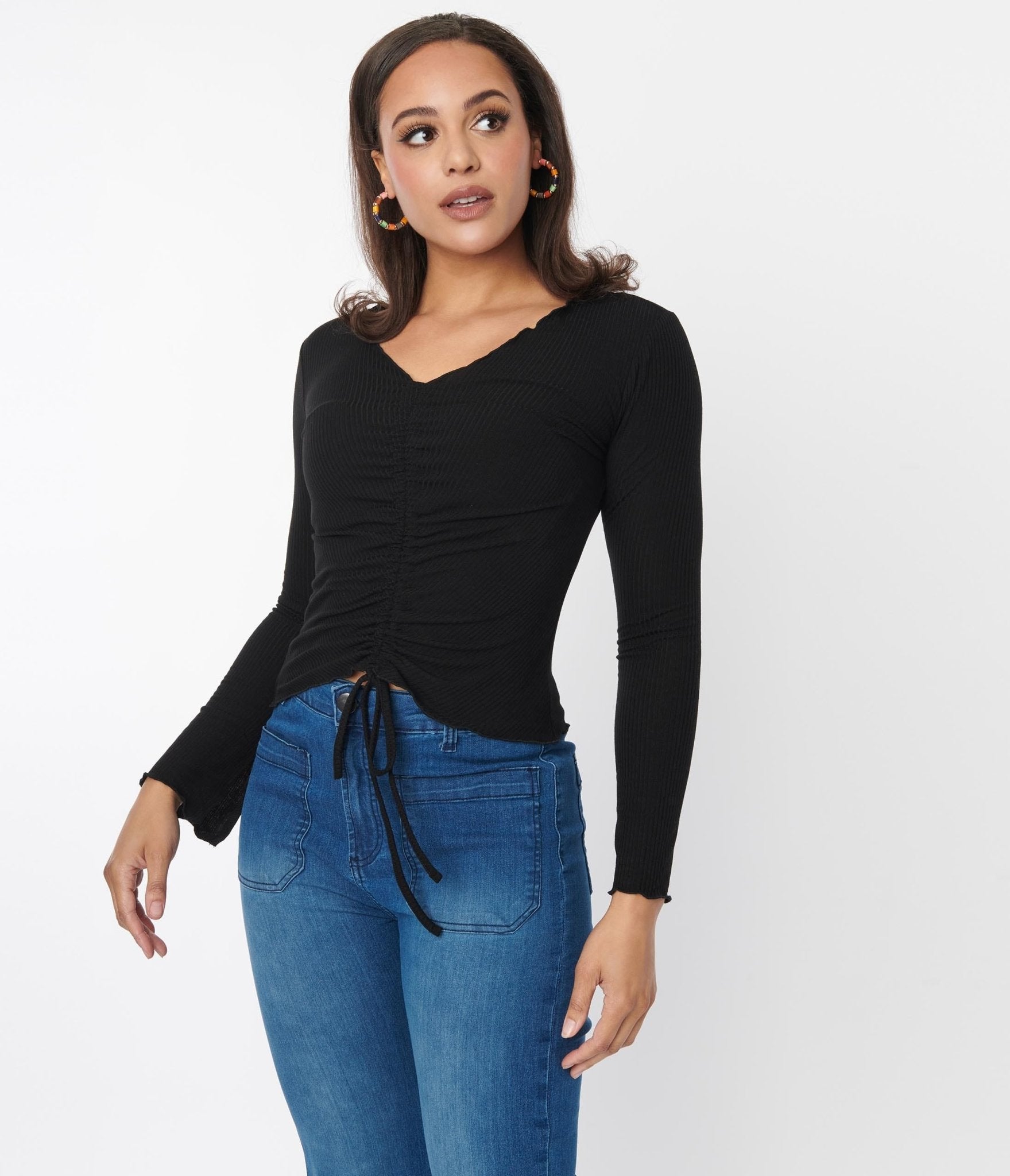 Black Scallop Hem Ruched Long Sleeve Top - Unique Vintage - Womens, TOPS, WOVEN TOPS
