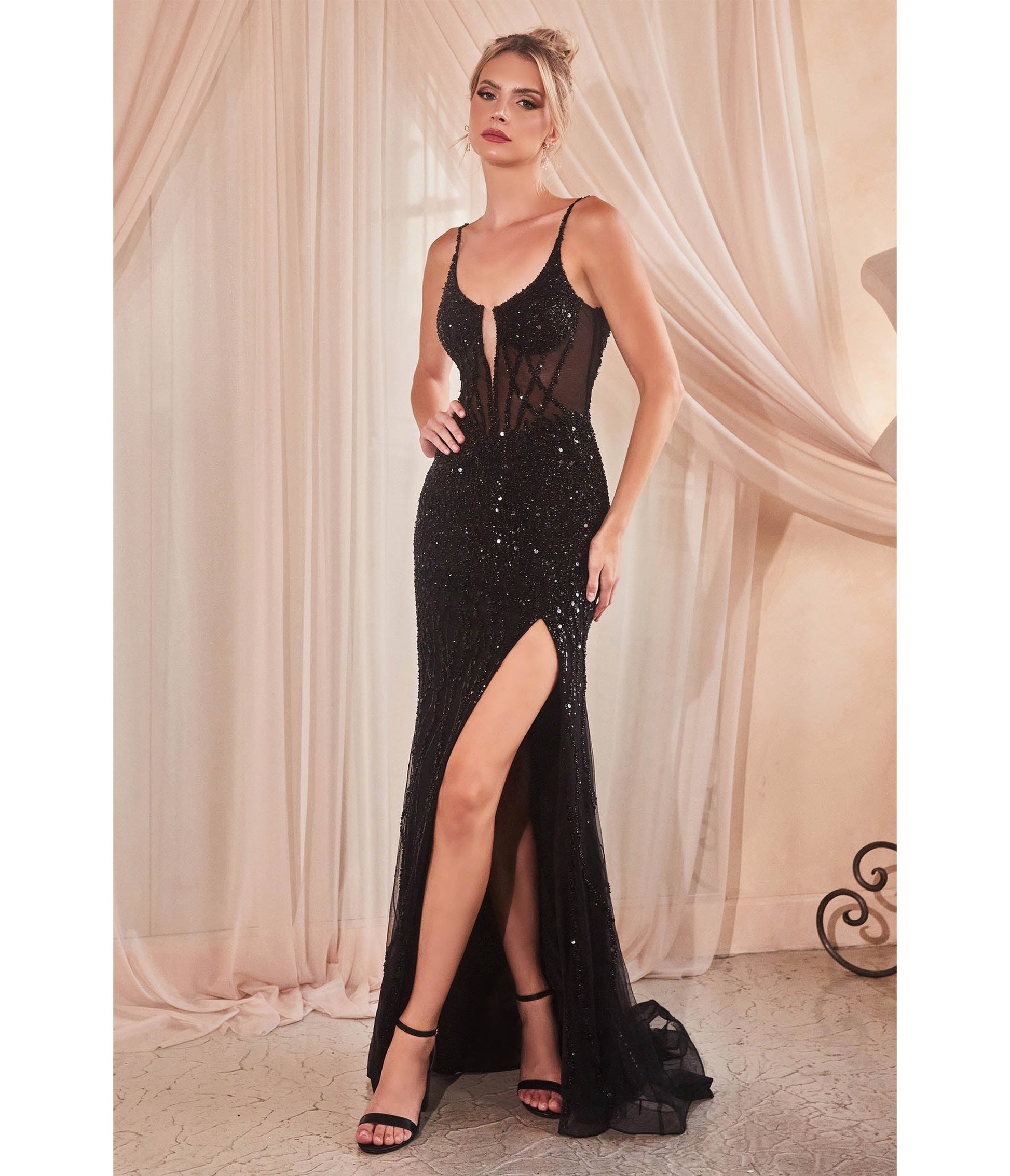 Black Sequin Beaded High Slit Fitted Prom Gown - Unique Vintage - Womens, DRESSES, PROM AND SPECIAL OCCASION