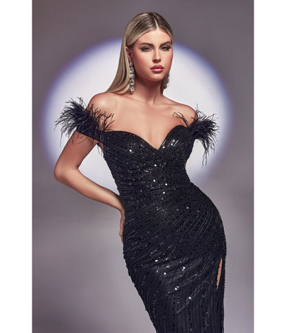 Black Sequin & Feather Old Hollywood Glamour Prom Dress - Unique Vintage - Womens, DRESSES, PROM AND SPECIAL OCCASION