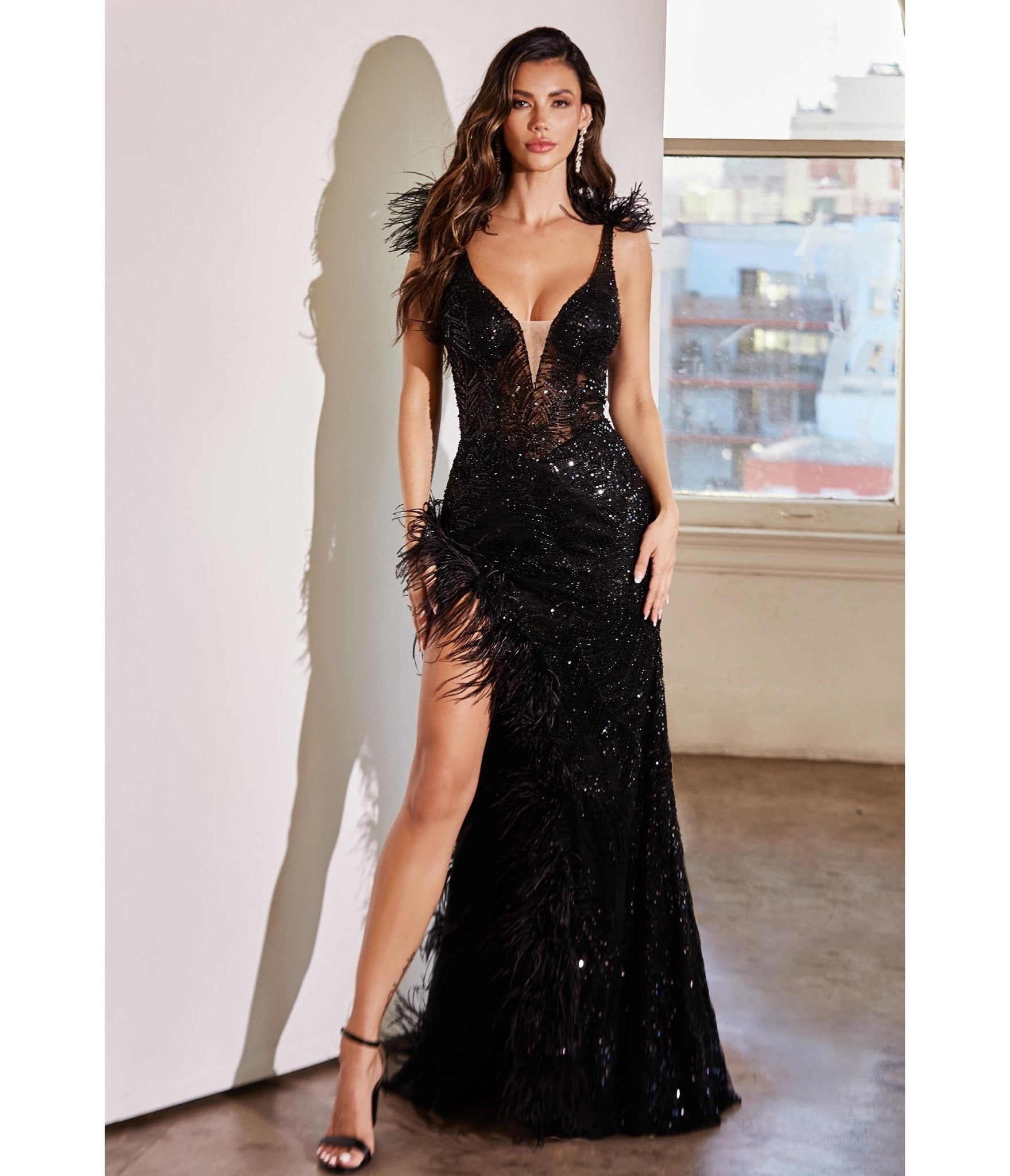 Black Sequin & Feather Plunge Evening Gown - Unique Vintage - Womens, DRESSES, PROM AND SPECIAL OCCASION