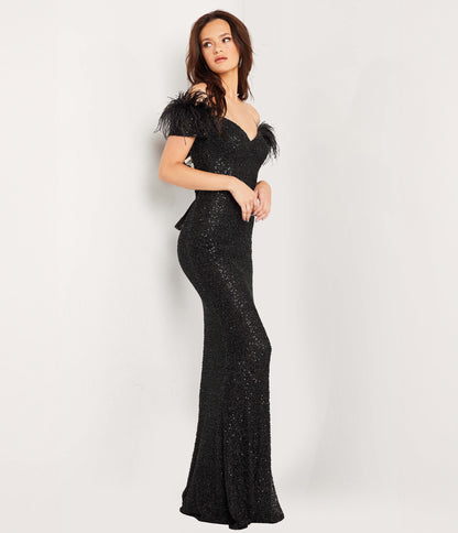 Black Sequin & Feather Sheath Prom Gown - Unique Vintage - Womens, DRESSES, PROM AND SPECIAL OCCASION