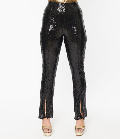 Black Sequin Flare Pants - Unique Vintage - Womens, BOTTOMS, PANTS