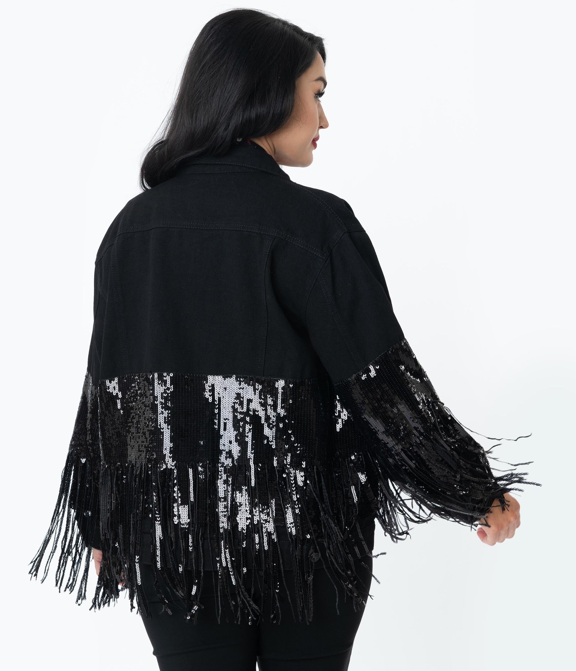 Black Sequin Fringe Denim Jacket - Unique Vintage - Womens, TOPS, OUTERWEAR
