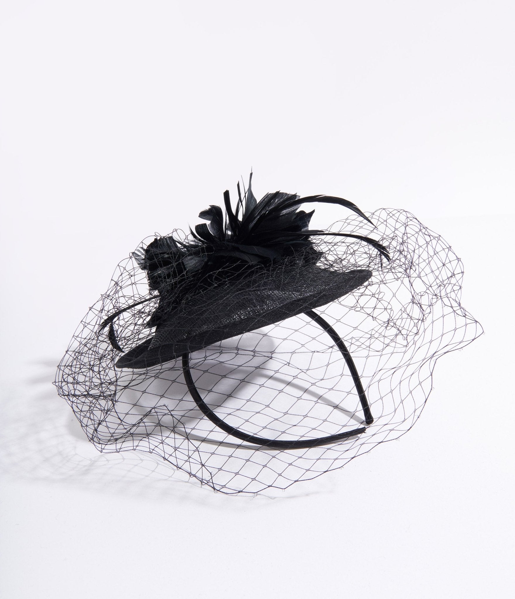 Black Sinamay & Netted Floral Feather Fascinator - Unique Vintage - Womens, ACCESSORIES, HAIR