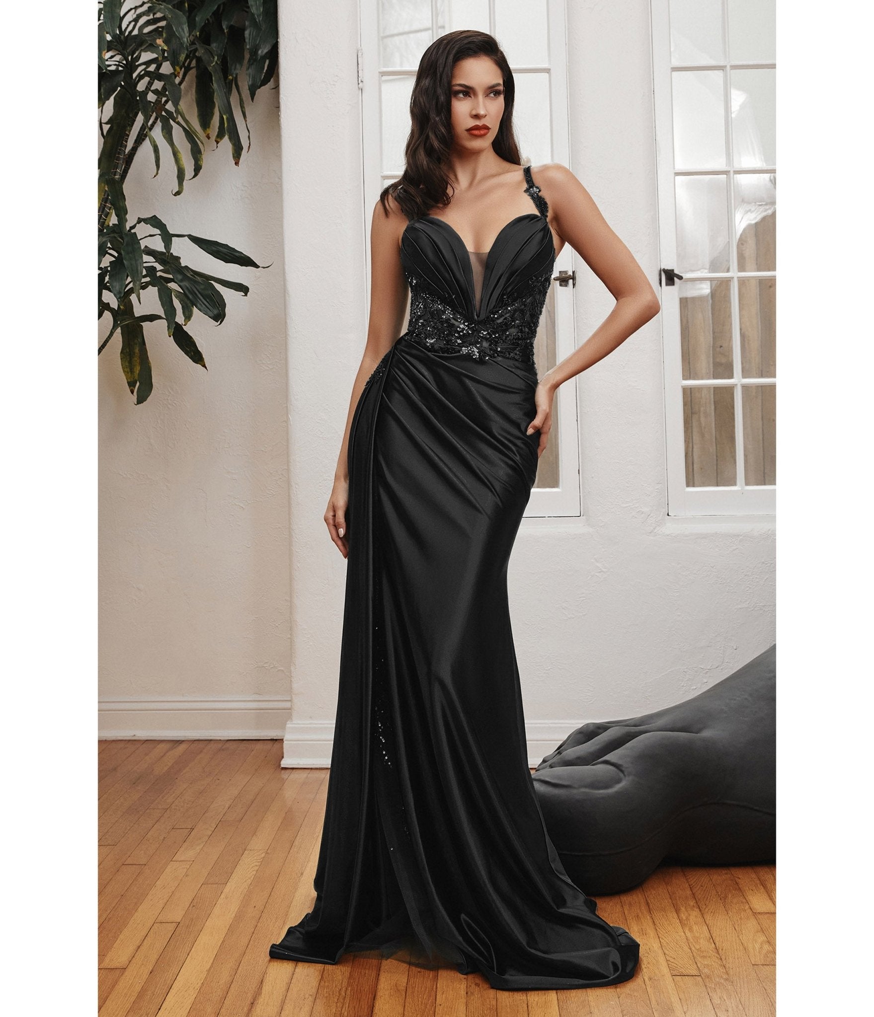 Black Soft Satin Sheer Leaves Gown - Unique Vintage - Womens, DRESSES, PROM AND SPECIAL OCCASION