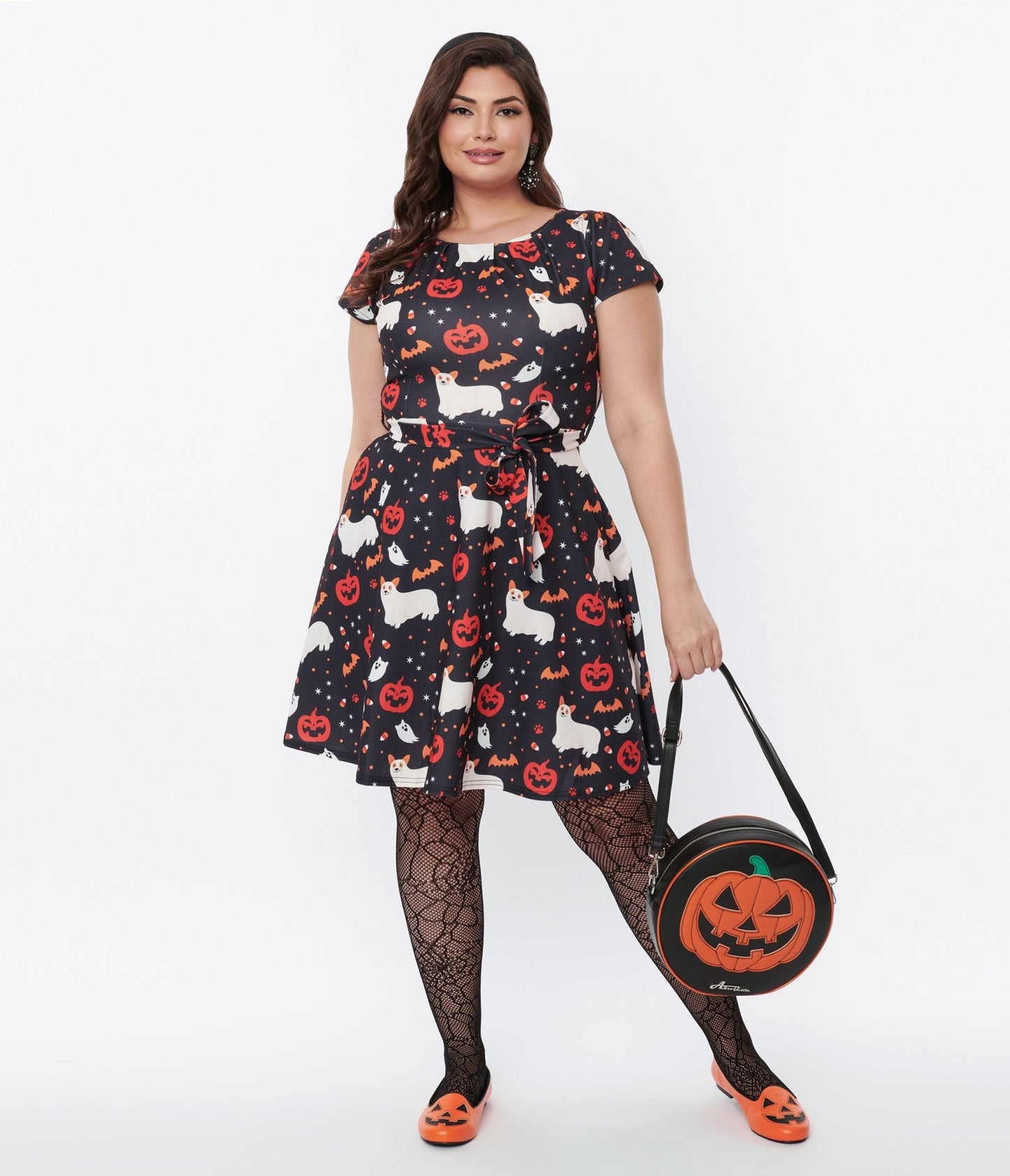 Black & Spooky Ghost Dog Flare Dress - Unique Vintage - Womens, HALLOWEEN, DRESSES