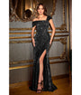 Cinderella Divine  Black Stretch Sequin Fitted One Shoulder Evening Gown