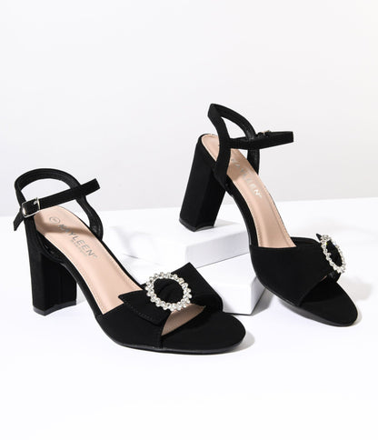 Black Suede & Silver Rhinestone Peep Toe Heels - Unique Vintage - Womens, SHOES, HEELS