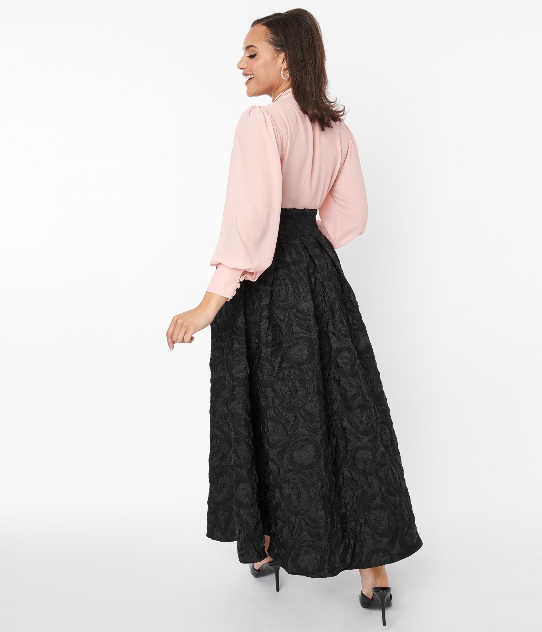 Black Textured Sashed Maxi Skirt - Unique Vintage - Womens, BOTTOMS, SKIRTS