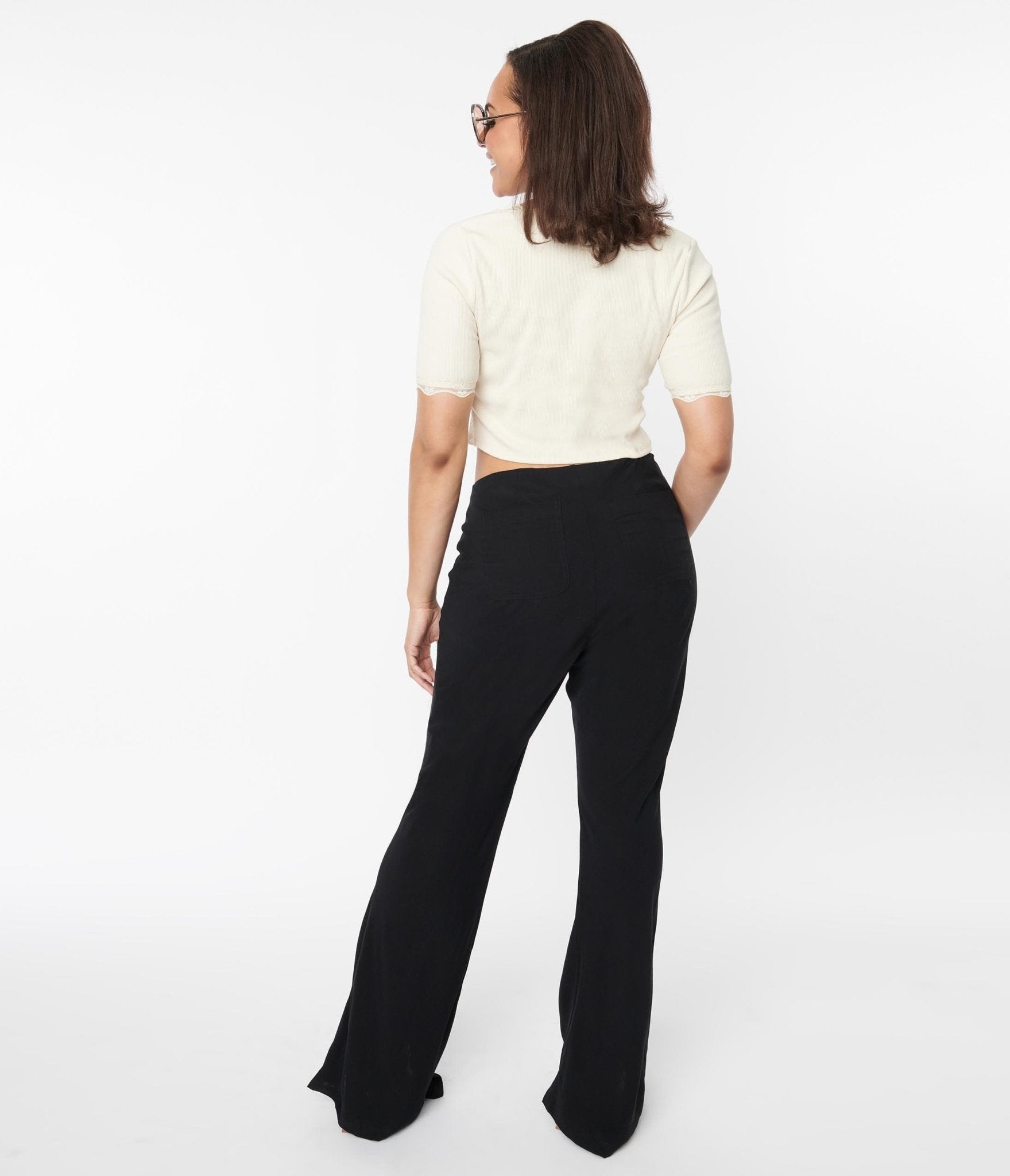 Black Tie Front Flare Leg Pants - Unique Vintage - Womens, BOTTOMS, PANTS