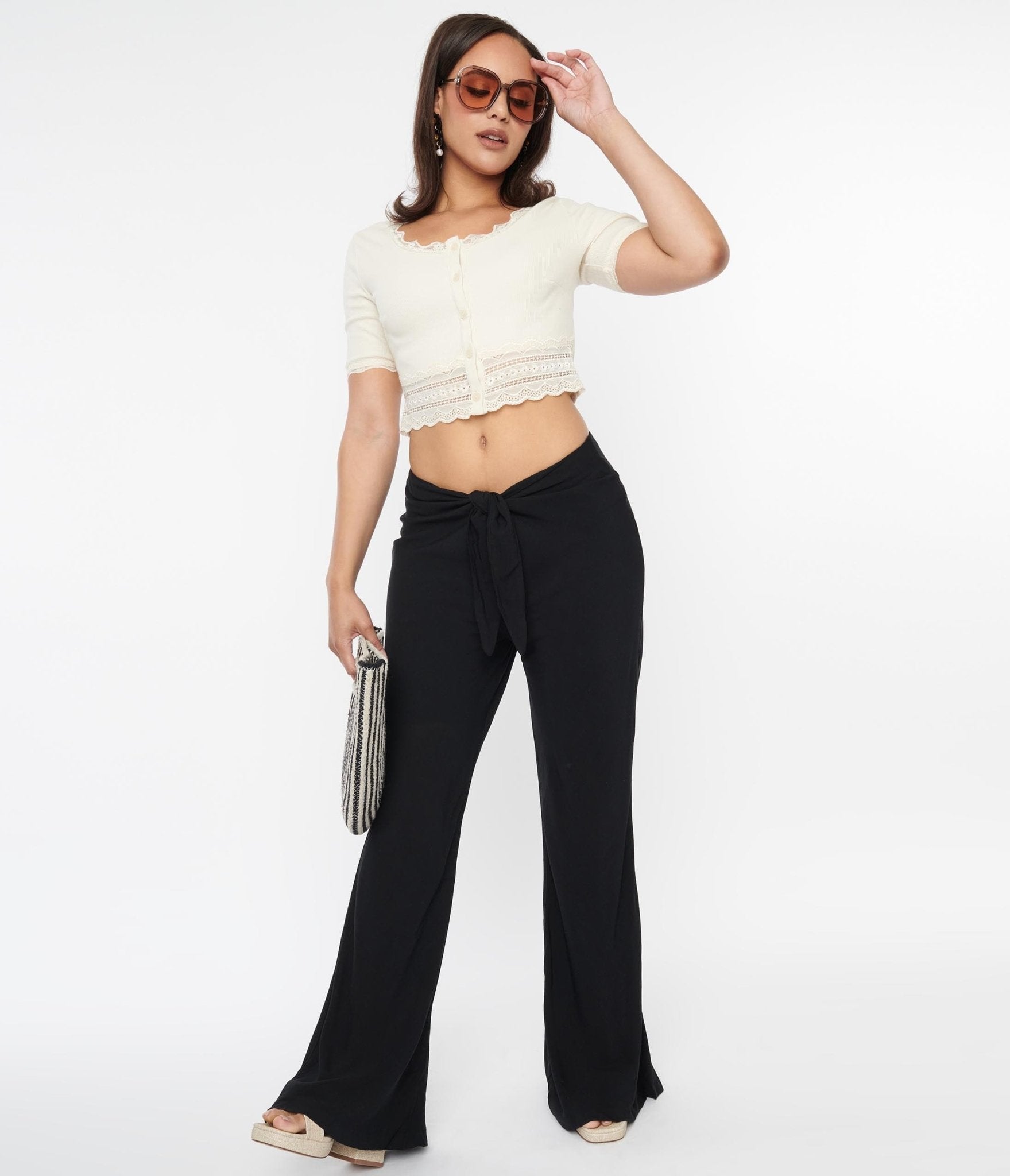 Black Tie Front Flare Leg Pants - Unique Vintage - Womens, BOTTOMS, PANTS