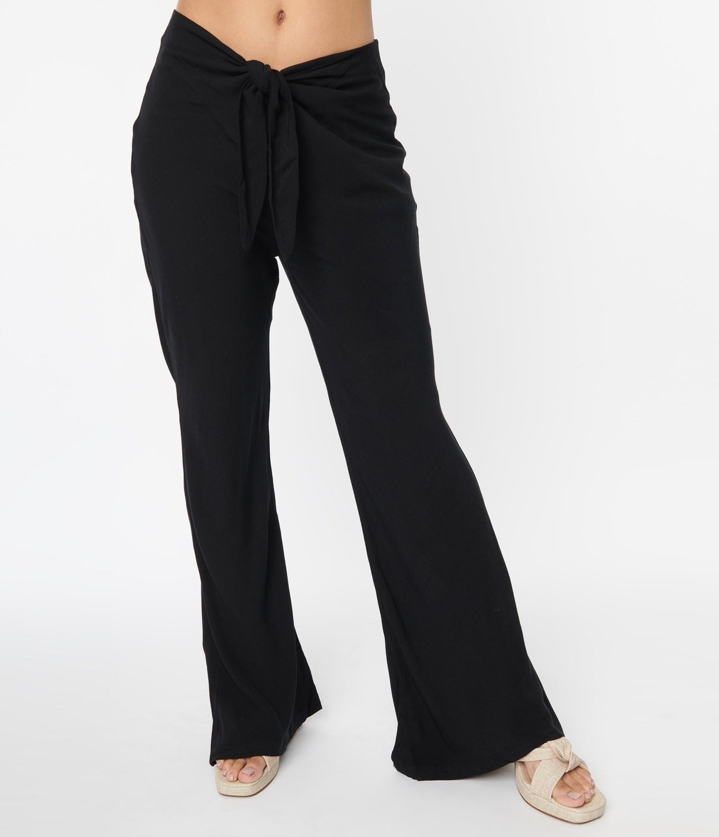 Black Tie Front Flare Leg Pants - Unique Vintage - Womens, BOTTOMS, PANTS