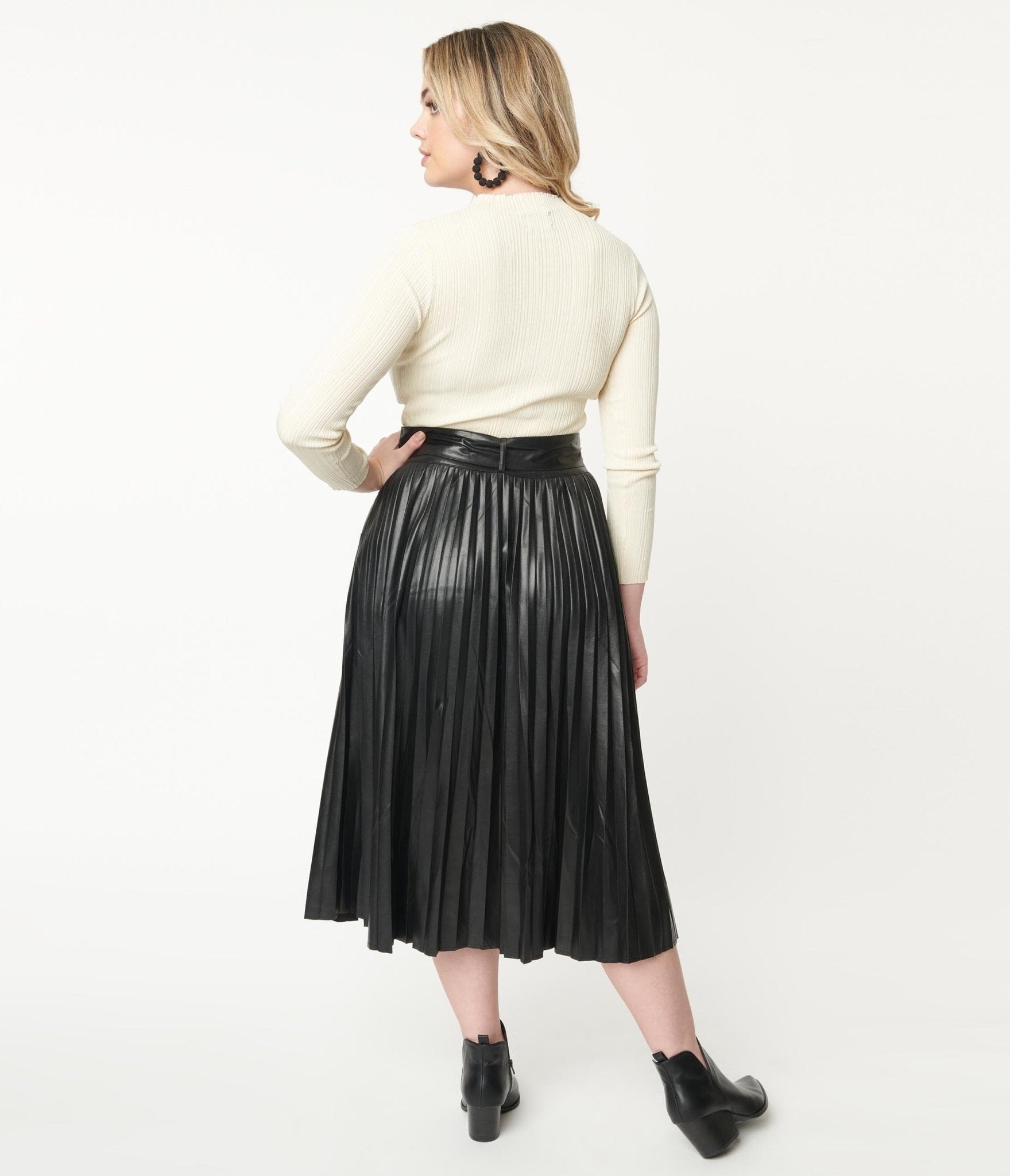 Black Vegan Leather Belted Pleated Midi Skirt - Unique Vintage - Womens, BOTTOMS, SKIRTS