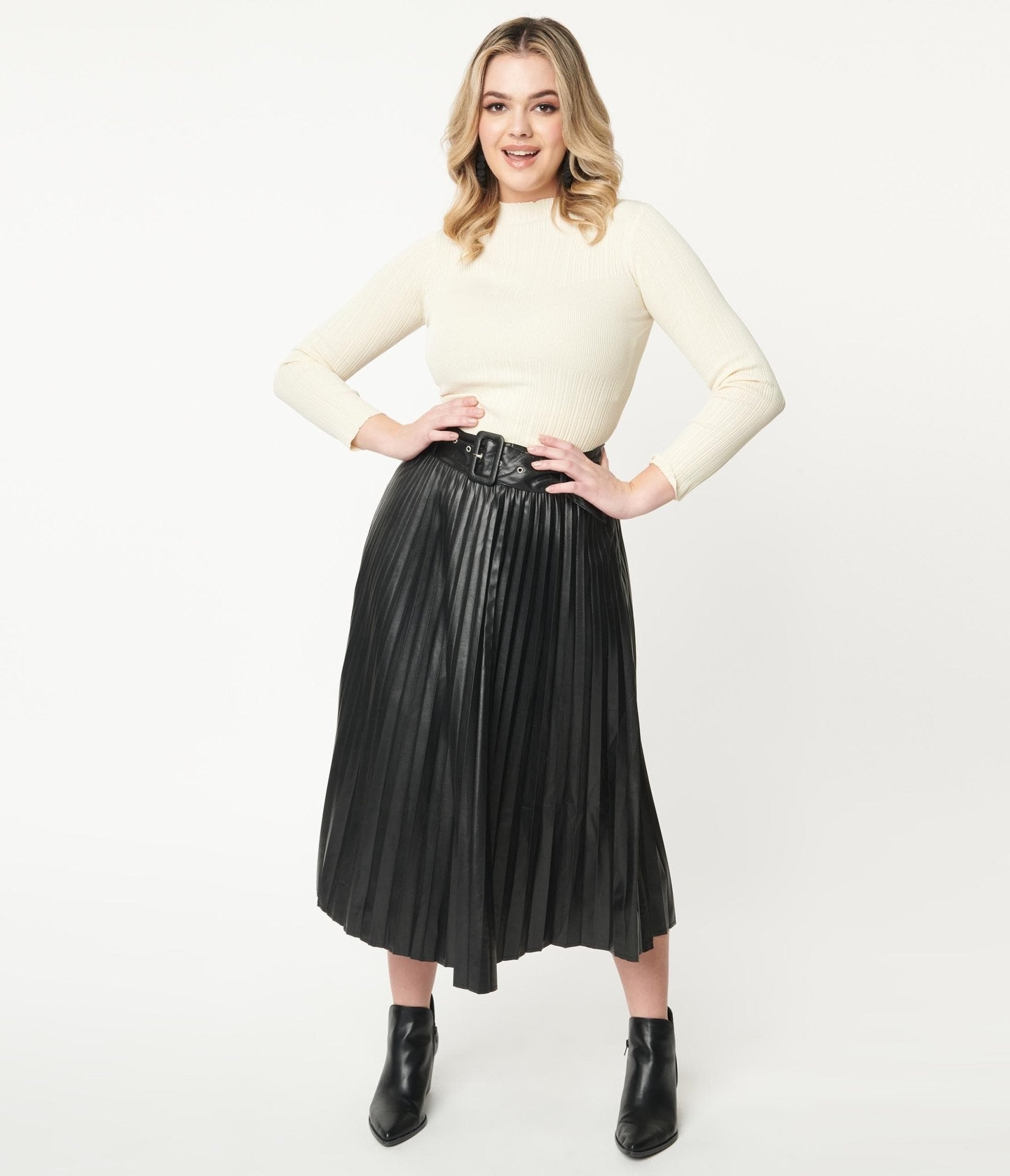 Black Vegan Leather Belted Pleated Midi Skirt – Unique Vintage