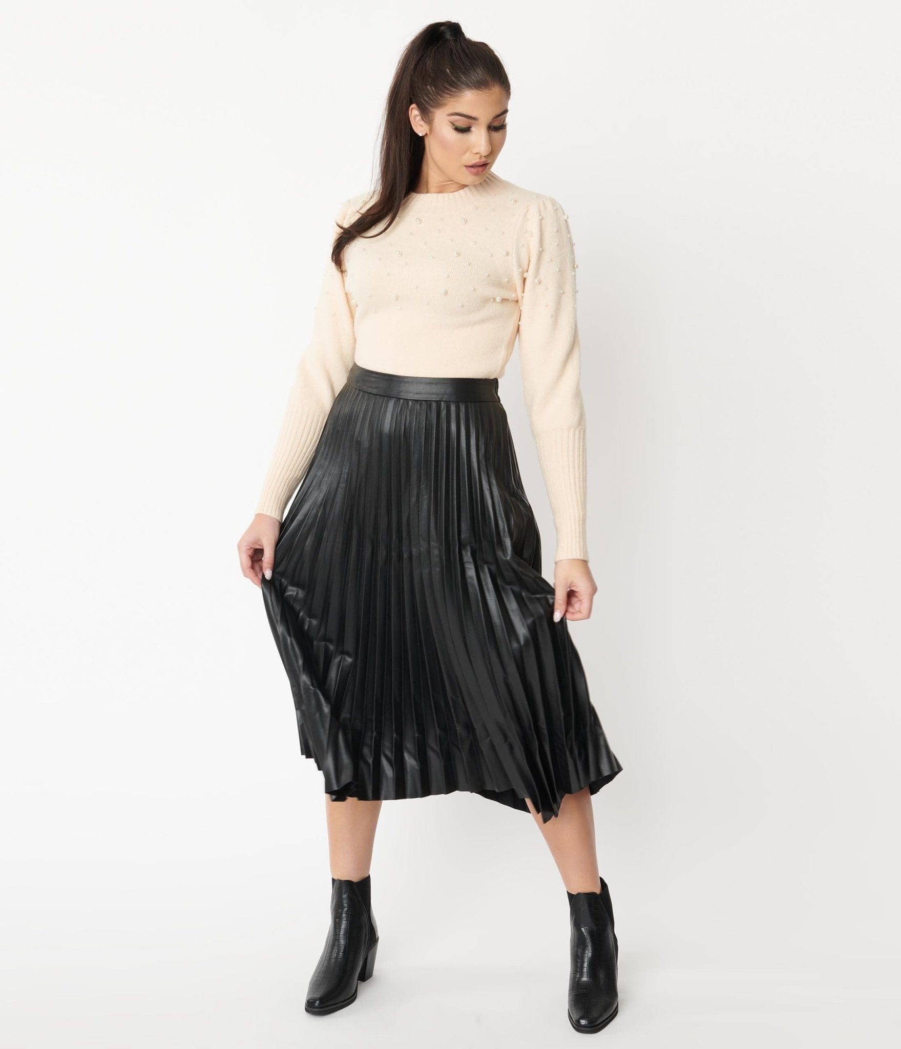 Black Vegan Leather Pleated Midi Skirt - Unique Vintage - Womens, BOTTOMS, SKIRTS