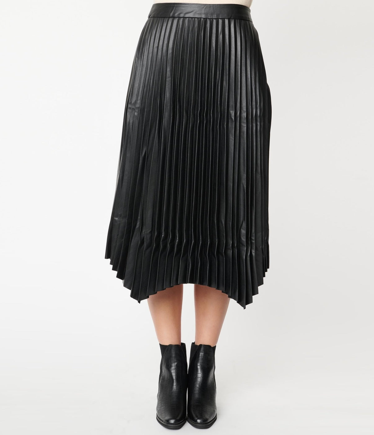 Black Vegan Leather Pleated Midi Skirt – Unique Vintage