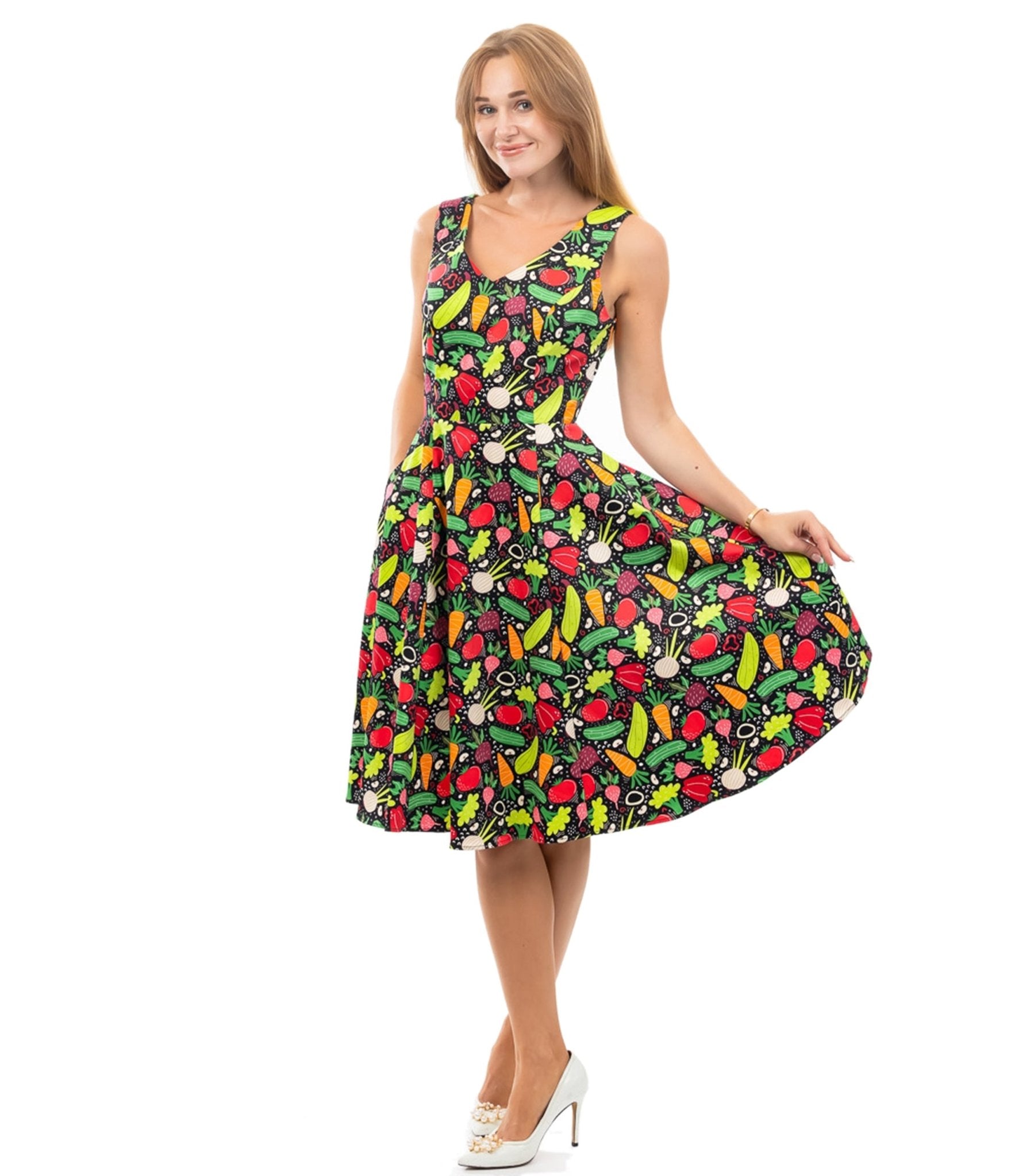 Black Vegetable Print Swing Dress - Unique Vintage - Womens, DRESSES, FIT AND FLARE