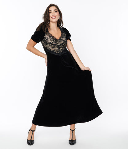 Black Velvet & Cream Lace Maxi Dress - Unique Vintage - Womens, DRESSES, MAXI