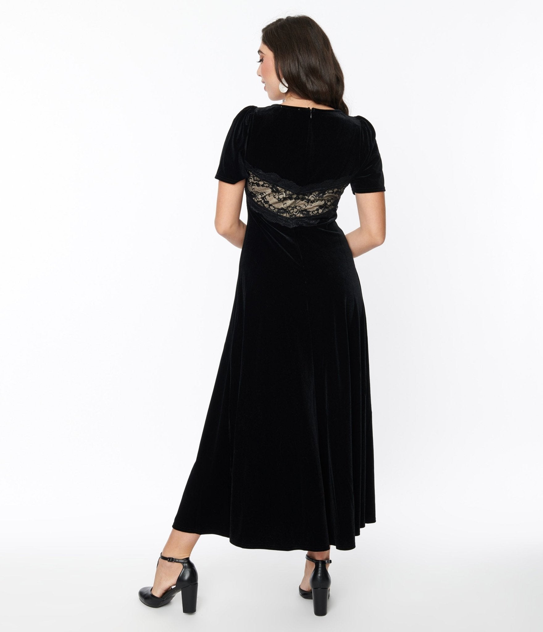 Black Velvet & Cream Lace Maxi Dress - Unique Vintage - Womens, DRESSES, MAXI