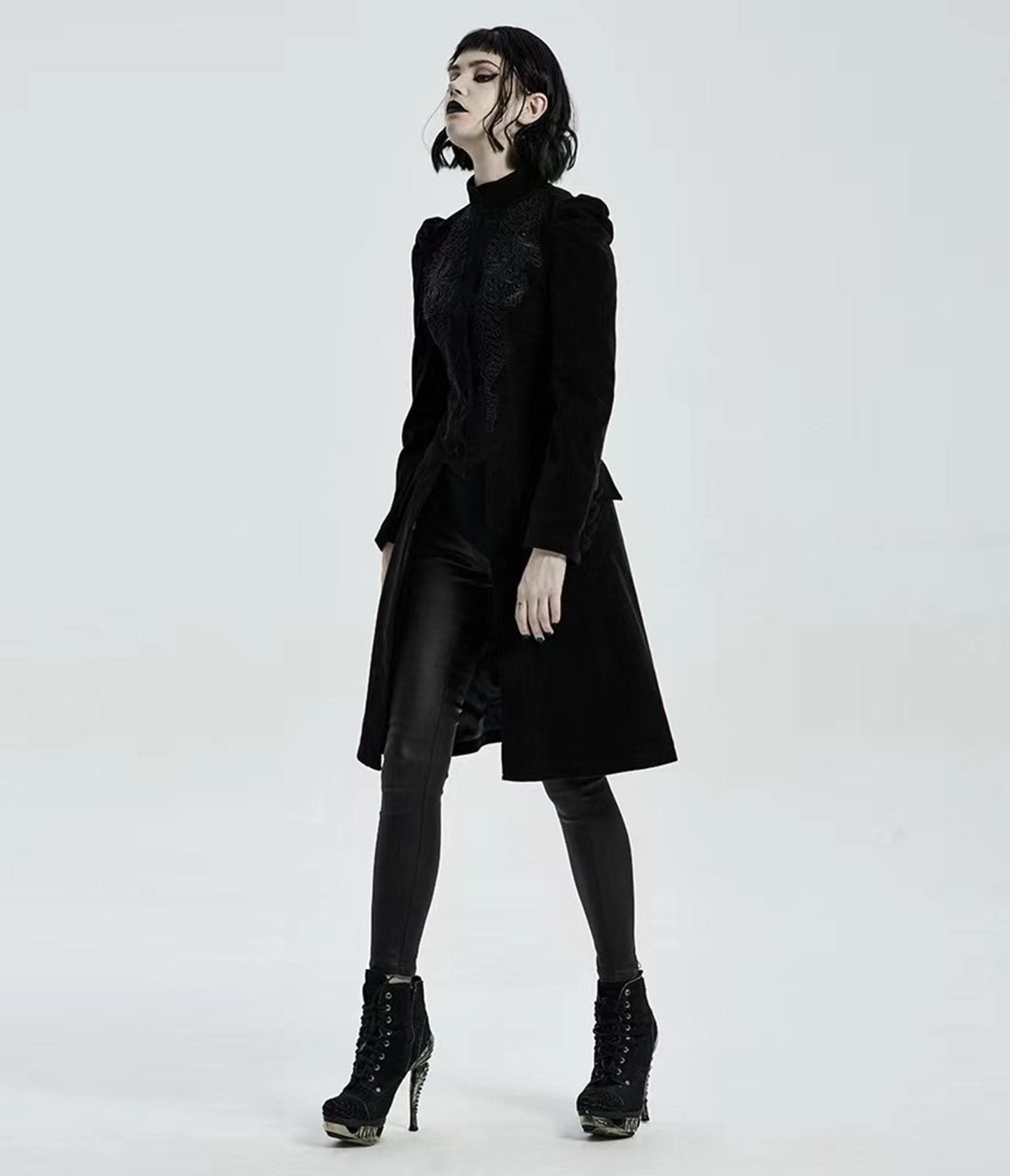 Black Velvet Gothic Lace Long Coat - Unique Vintage - Womens, TOPS, OUTERWEAR