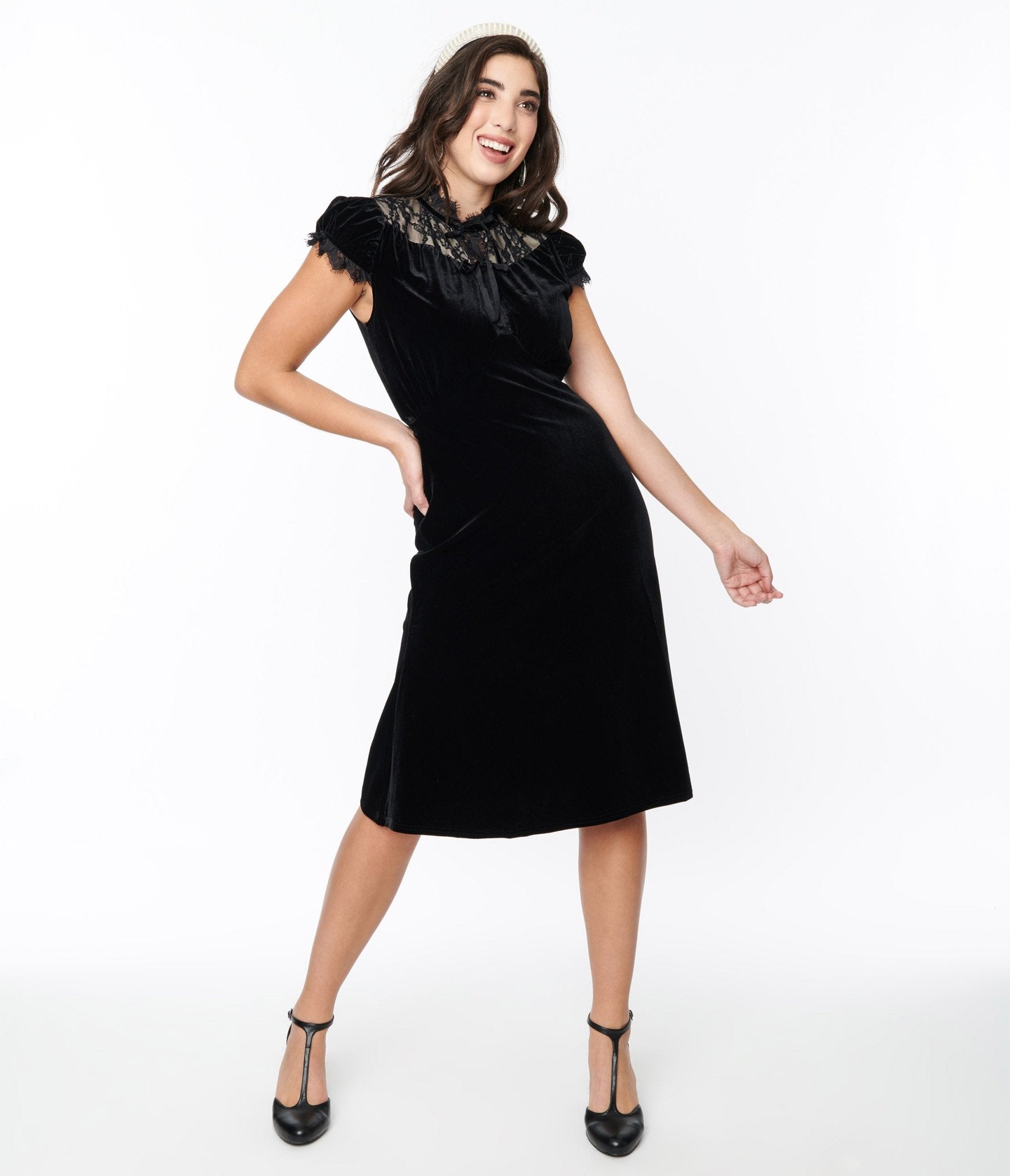 Black Velvet Lace Midi Shift Dress - Unique Vintage - Womens, DRESSES, SHIFTS