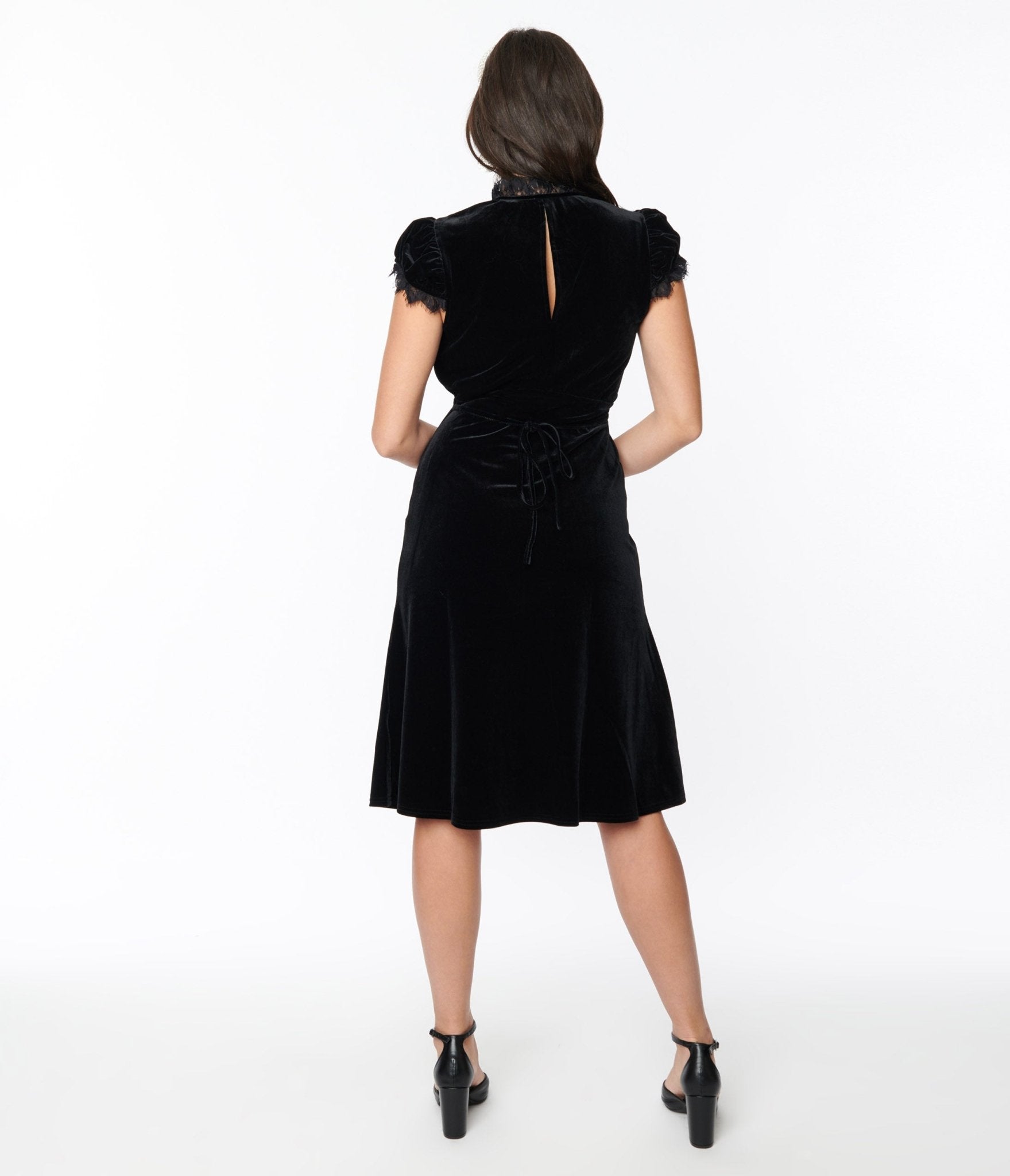 midi shift dresses for women Black Velvet Lace Midi Shift Dress