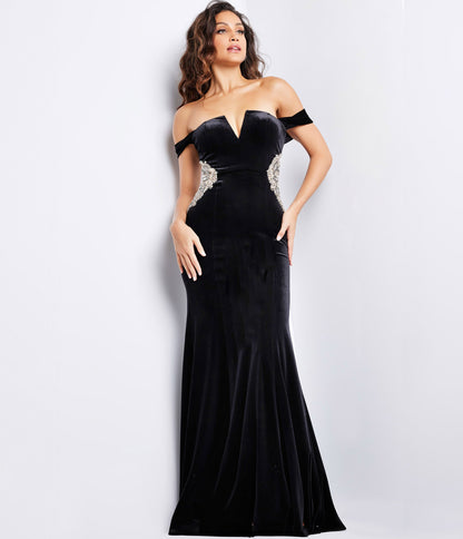 Black Velvet & Silver Beaded Applique Evening Gown - Unique Vintage - Womens, DRESSES, PROM AND SPECIAL OCCASION