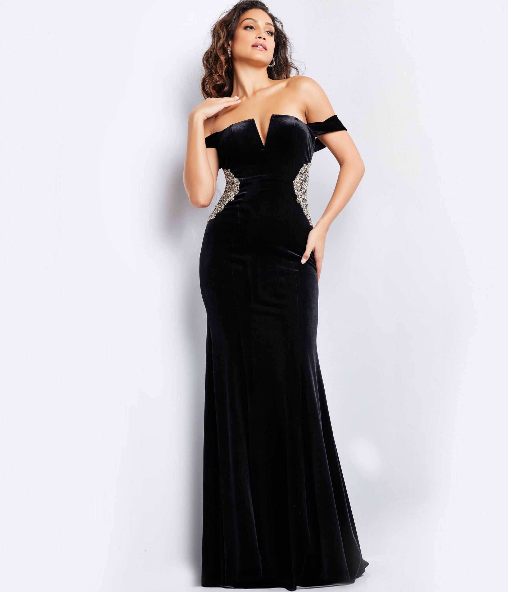 Black Velvet & Silver Beaded Applique Evening Gown - Unique Vintage - Womens, DRESSES, PROM AND SPECIAL OCCASION