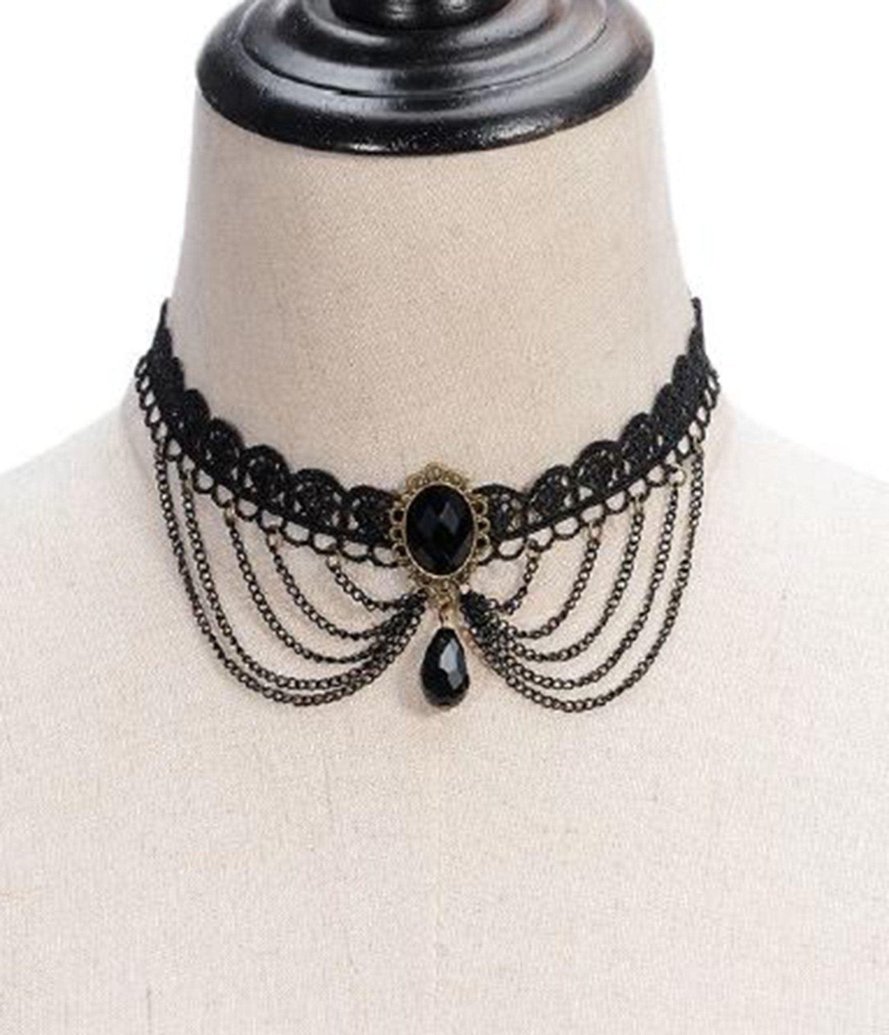 Black Victorian Lace & Rhinestone Choker - Unique Vintage - Womens, ACCESSORIES, JEWELRY