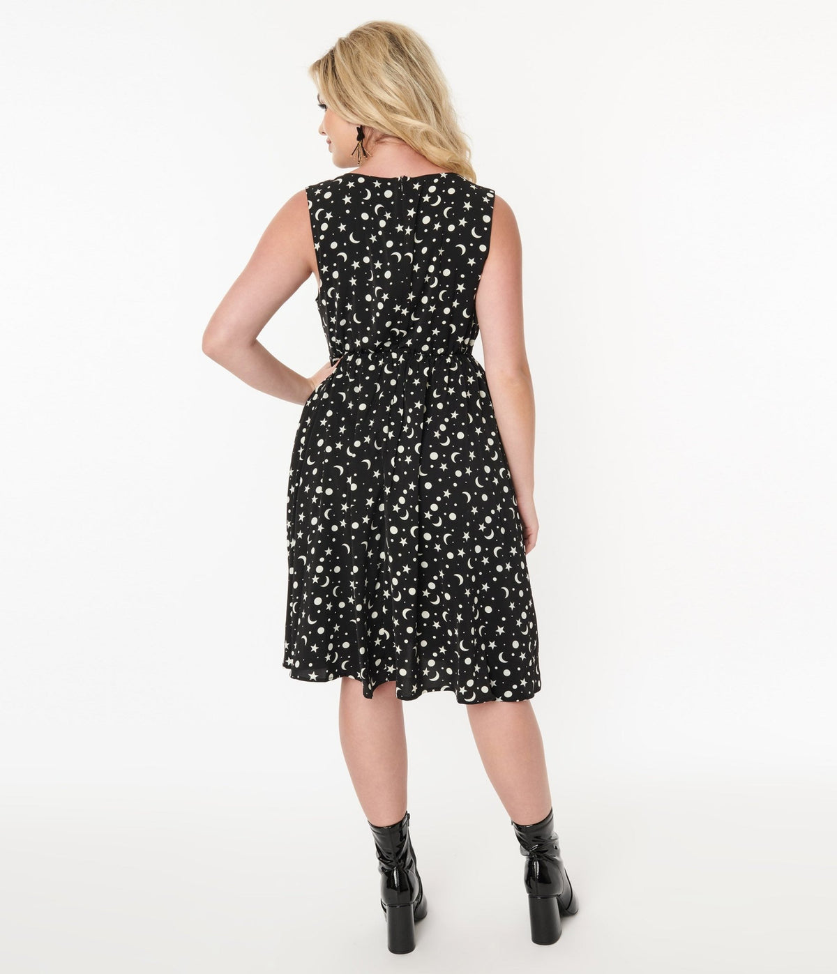 Black & White Celestial Print Flare Dress - Unique Vintage - Womens, DRESSES, FIT AND FLARE