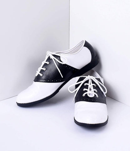 Black & White Classic Lace Up Saddle Shoes - Unique Vintage - Womens, SHOES, FLATS