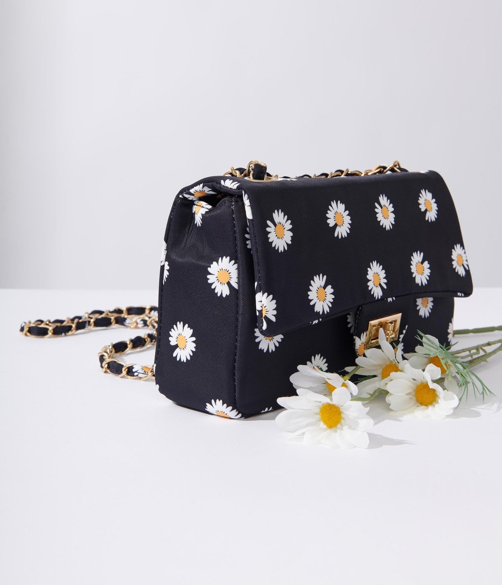 Black & White Daisy Dual Chain Handbag - Unique Vintage - Womens, ACCESSORIES, HANDBAGS