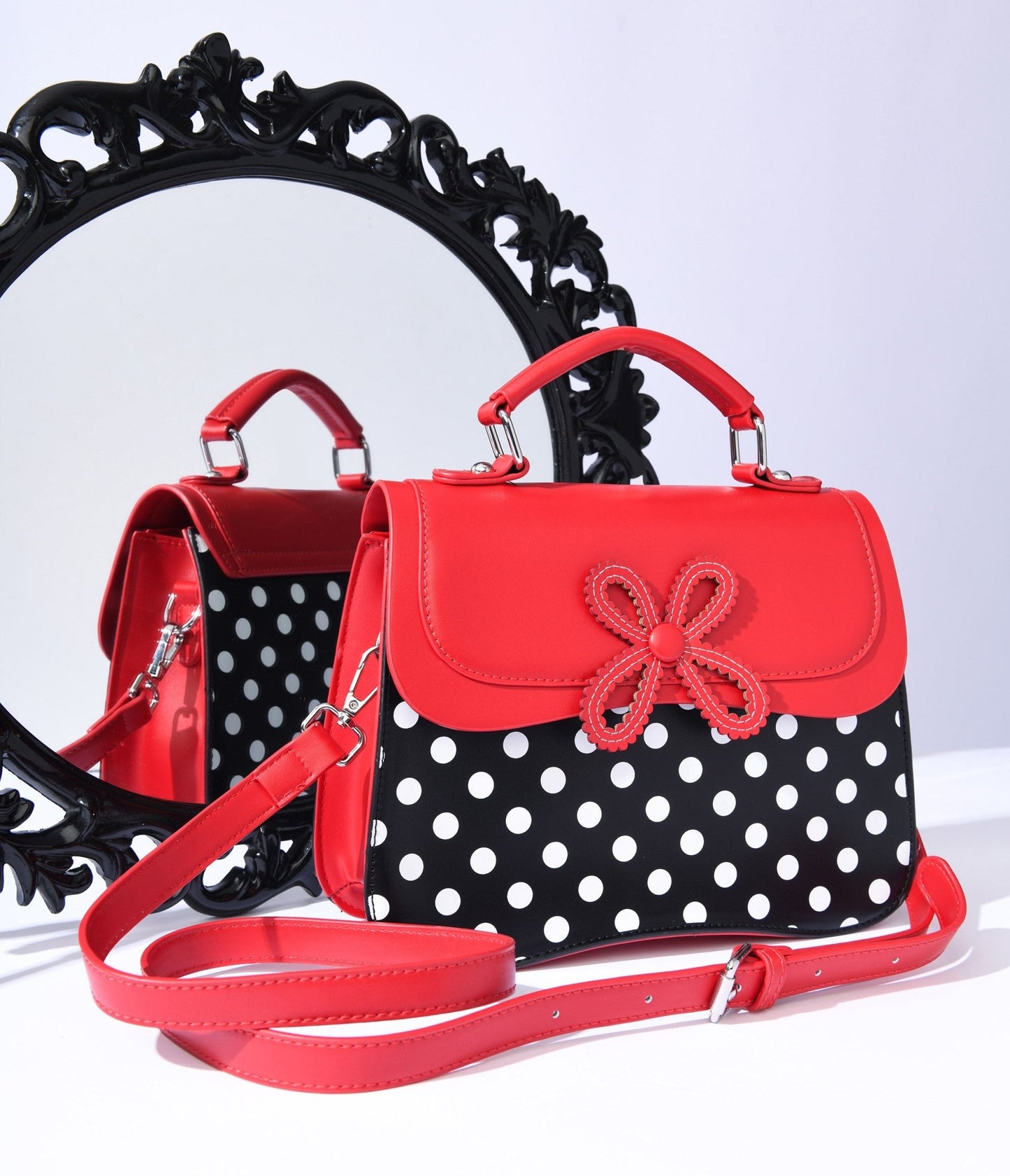 Black & White Dot & Red Accented Leatherette Handbag - Unique Vintage - Womens, ACCESSORIES, HANDBAGS