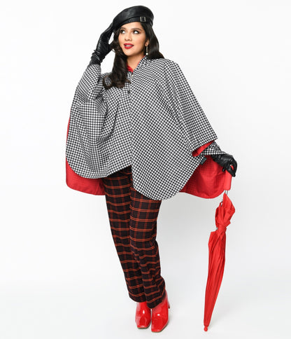 Black & White Houndstooth Hooded Cape Coat - Unique Vintage - Womens, TOPS, WOVEN TOPS