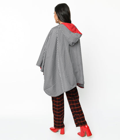 Black & White Houndstooth Hooded Cape Coat - Unique Vintage - Womens, TOPS, WOVEN TOPS