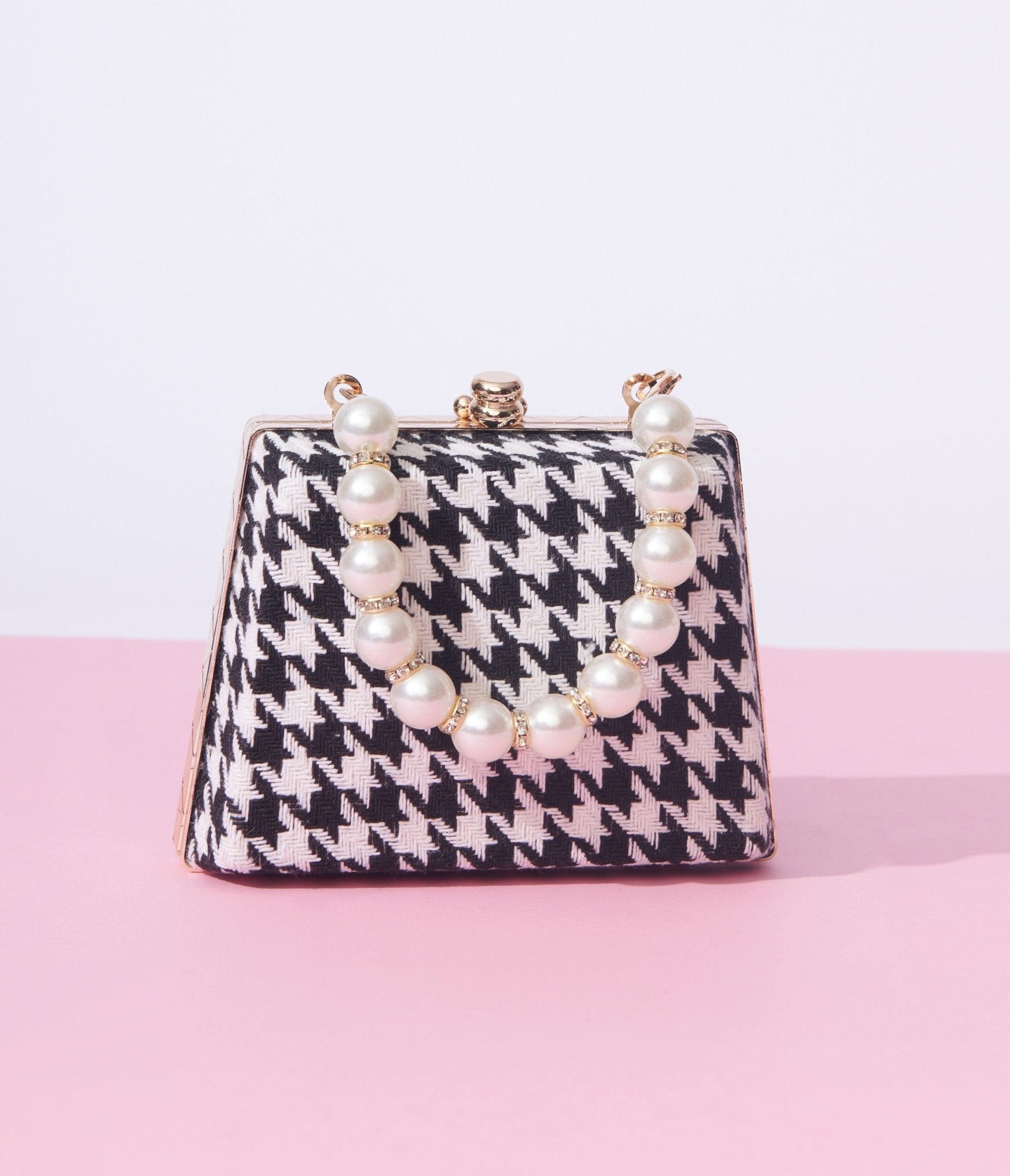Black & White Houndstooth Pearl Mini Handbag - Unique Vintage - Womens, ACCESSORIES, HANDBAGS