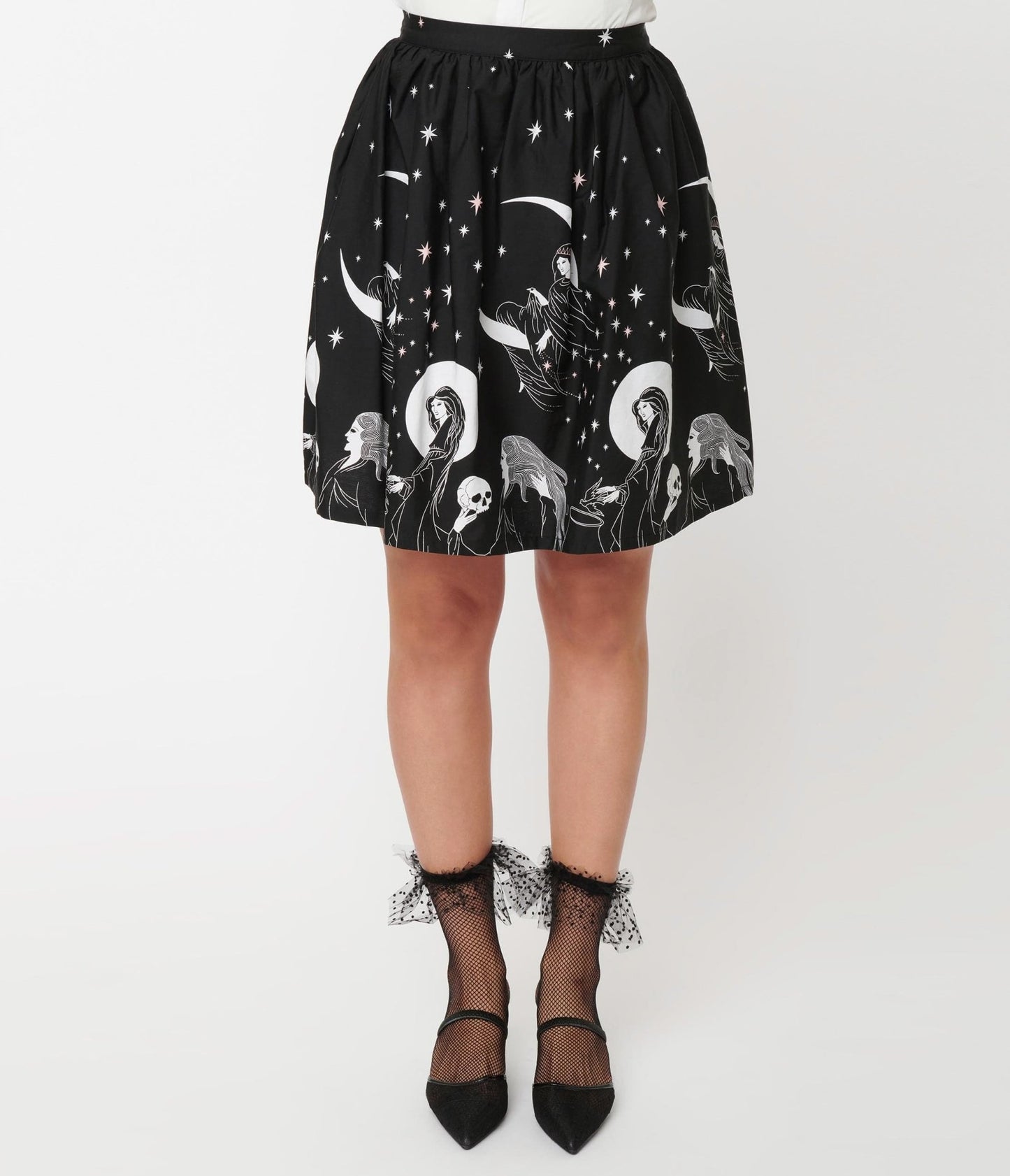Black & White Moon Child Print Flare Skirt - Unique Vintage - Womens, BOTTOMS, SKIRTS