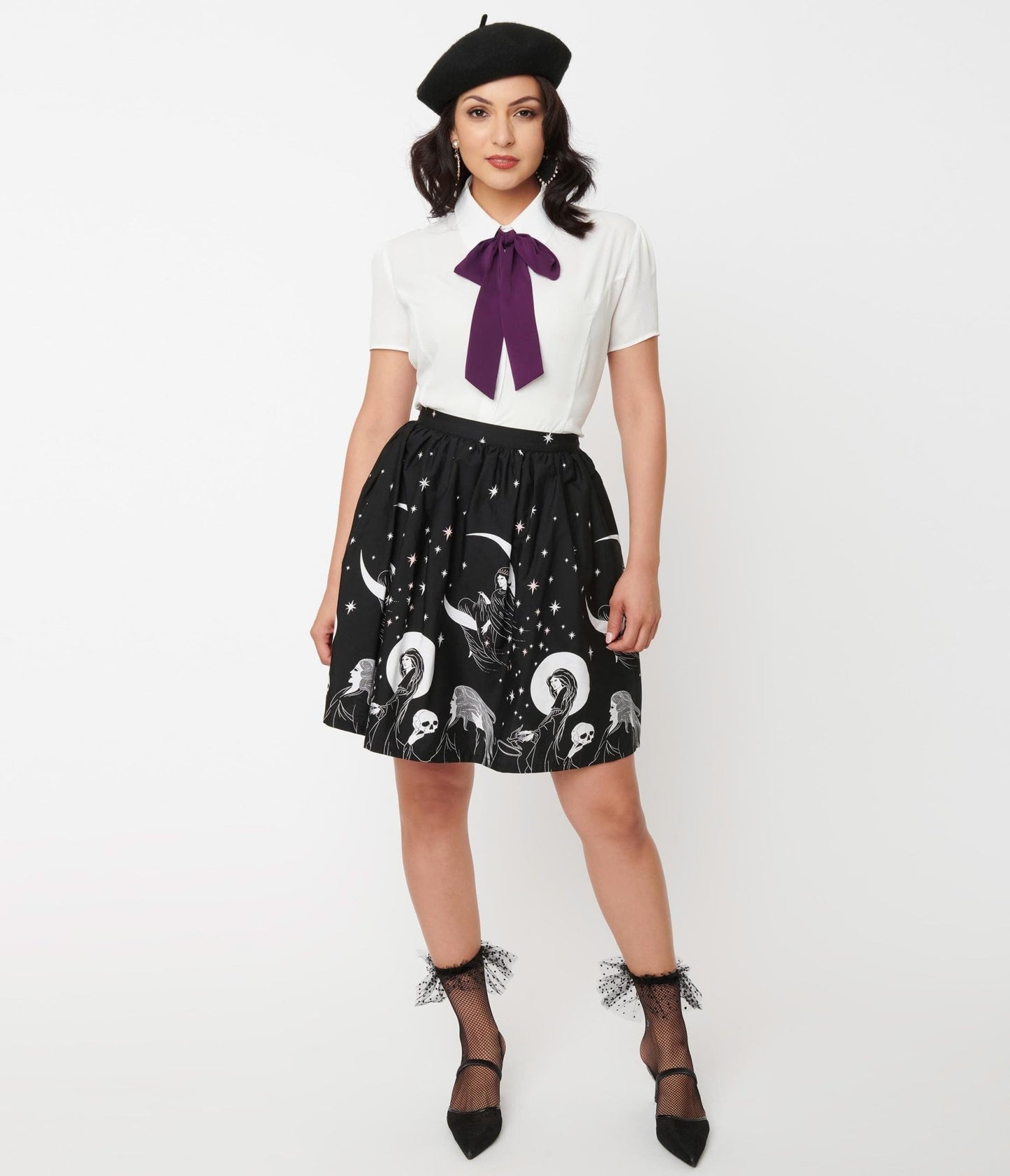 Black & White Moon Child Print Flare Skirt - Unique Vintage - Womens, BOTTOMS, SKIRTS