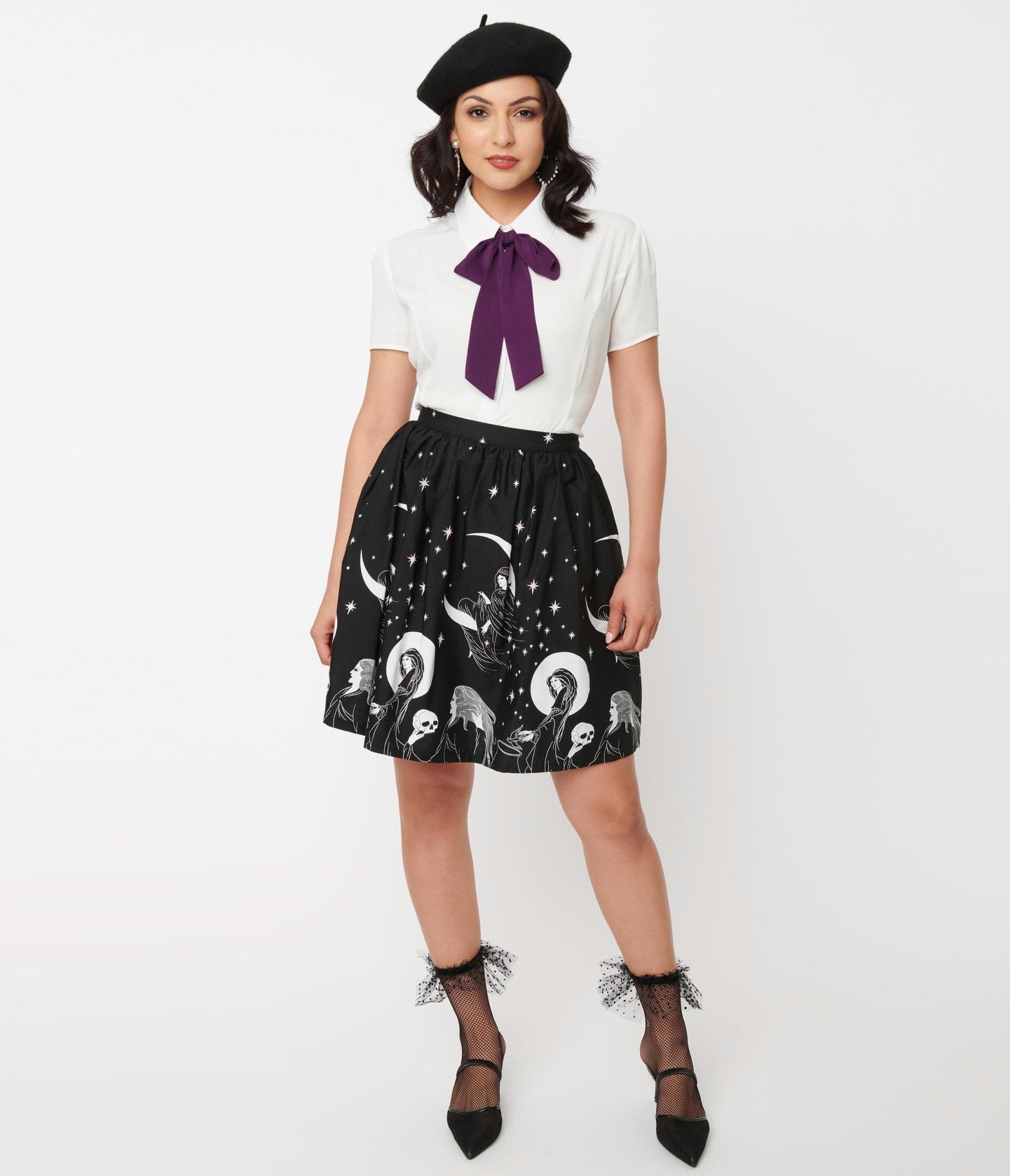 Black & White Moon Child Print Flare Skirt - Unique Vintage - Womens, BOTTOMS, SKIRTS