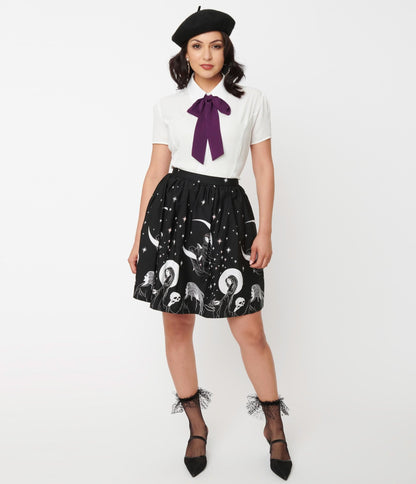 Black & White Moon Child Print Flare Skirt - Unique Vintage - Womens, BOTTOMS, SKIRTS