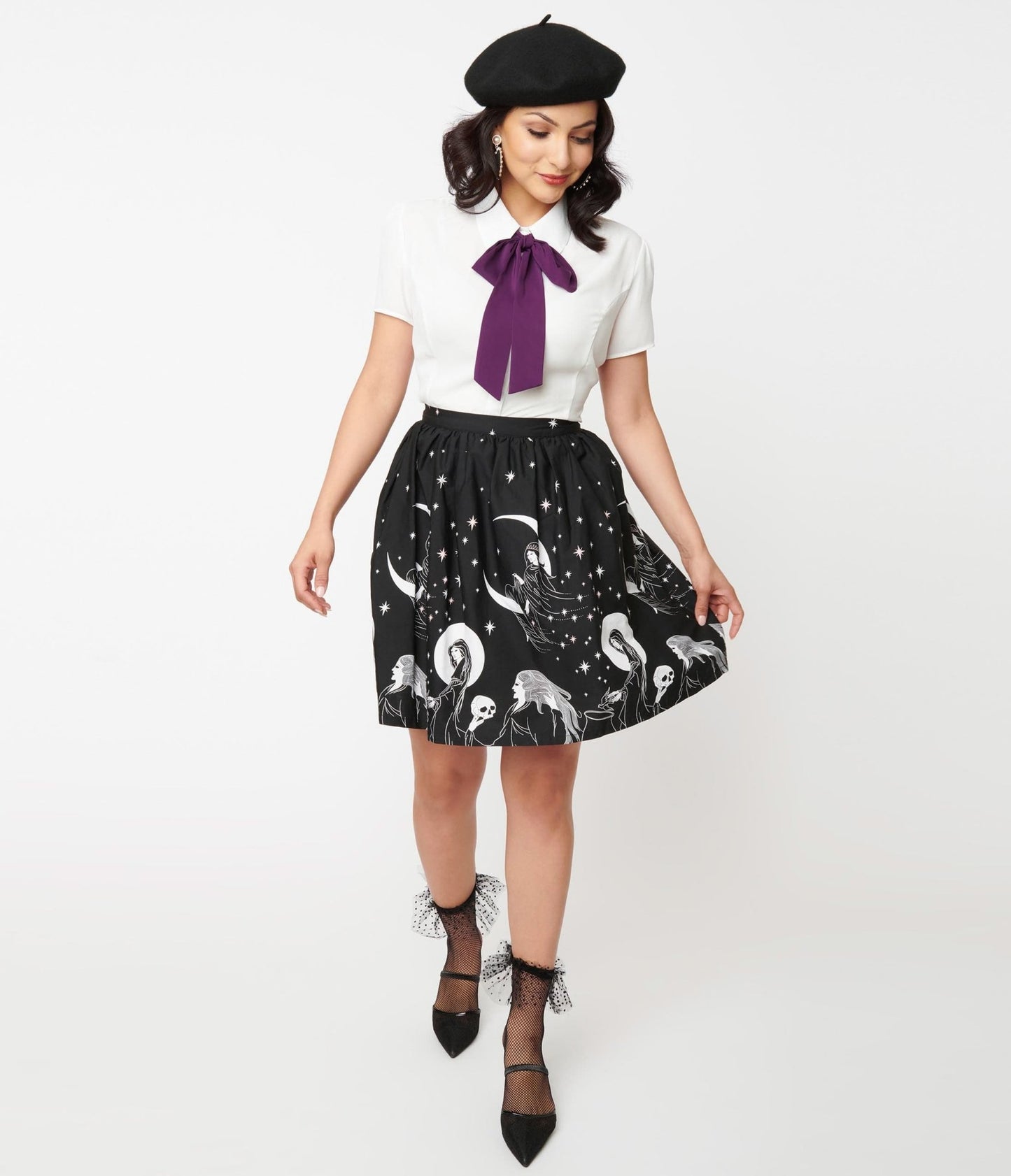 Black & White Moon Child Print Flare Skirt - Unique Vintage - Womens, BOTTOMS, SKIRTS