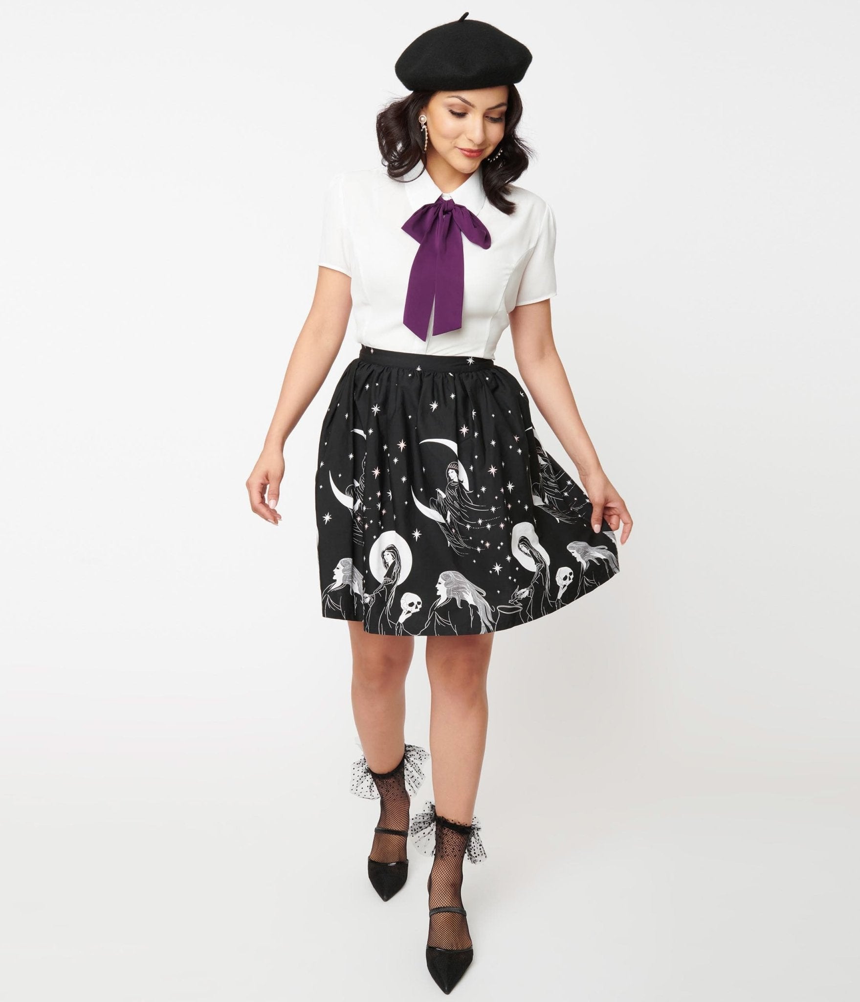 Black & White Moon Child Print Flare Skirt - Unique Vintage - Womens, BOTTOMS, SKIRTS