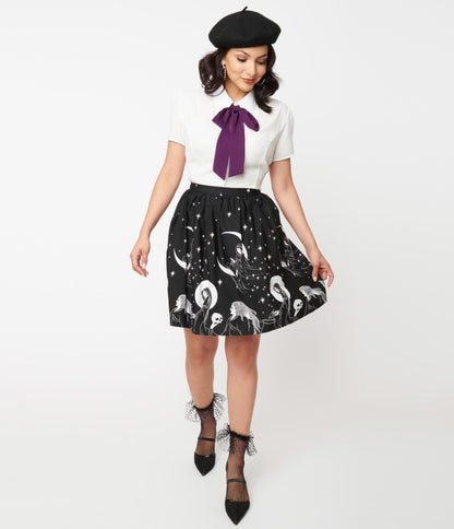 Black & White Moon Child Print Flare Skirt - Unique Vintage - Womens, BOTTOMS, SKIRTS