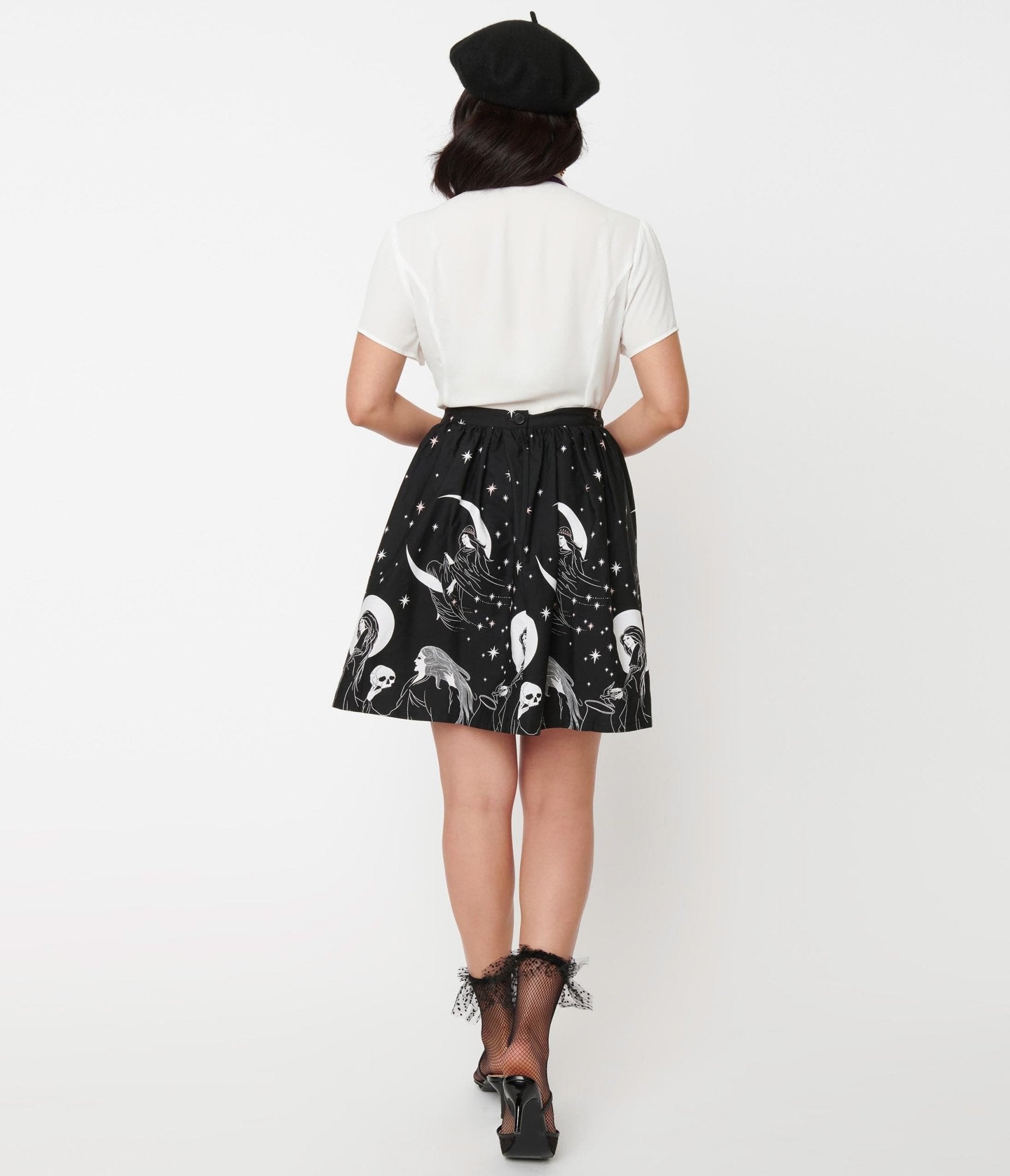 Black & White Moon Child Print Flare Skirt - Unique Vintage - Womens, BOTTOMS, SKIRTS