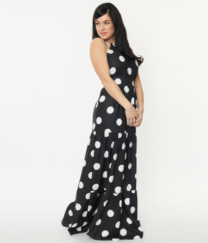 Black & White Polka Dot Halter Maxi Dress - Unique Vintage - Womens, DRESSES, MAXI