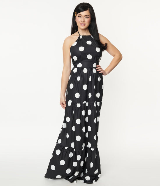 Black & White Polka Dot Halter Maxi Dress – Unique Vintage