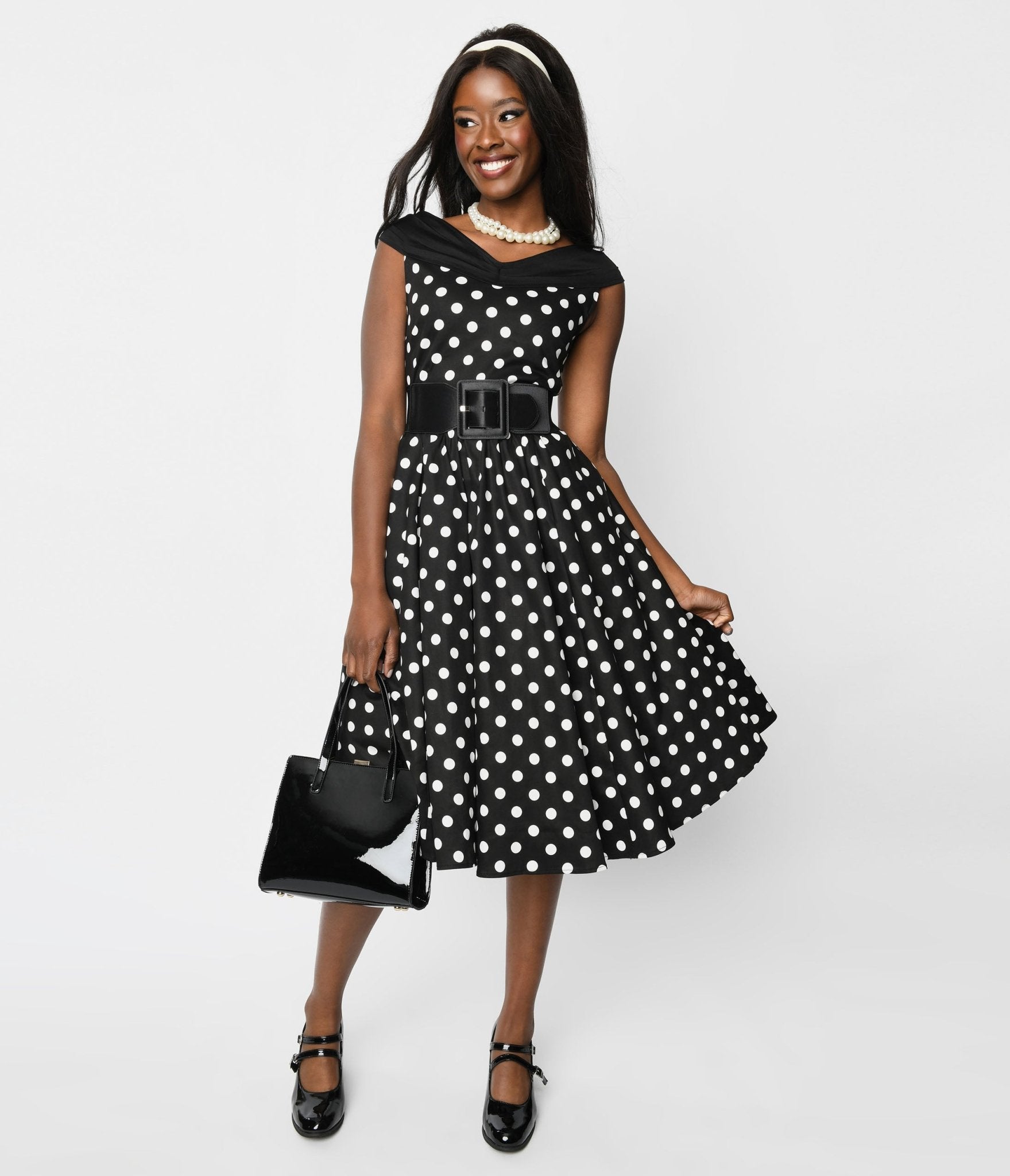 Black and white spot off shoulder dress Clearance
