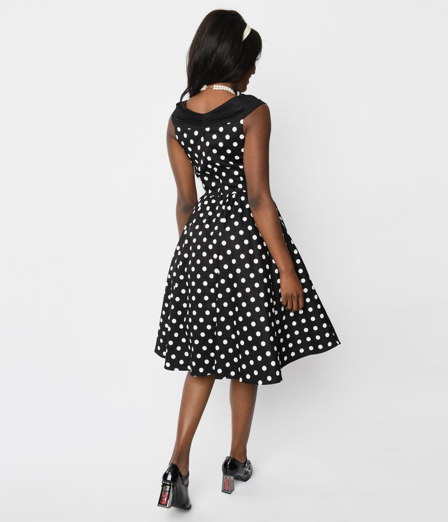 Black & White Polka Dot Off The Shoulder Swing Dress - Unique Vintage - Womens, DRESSES, SWING