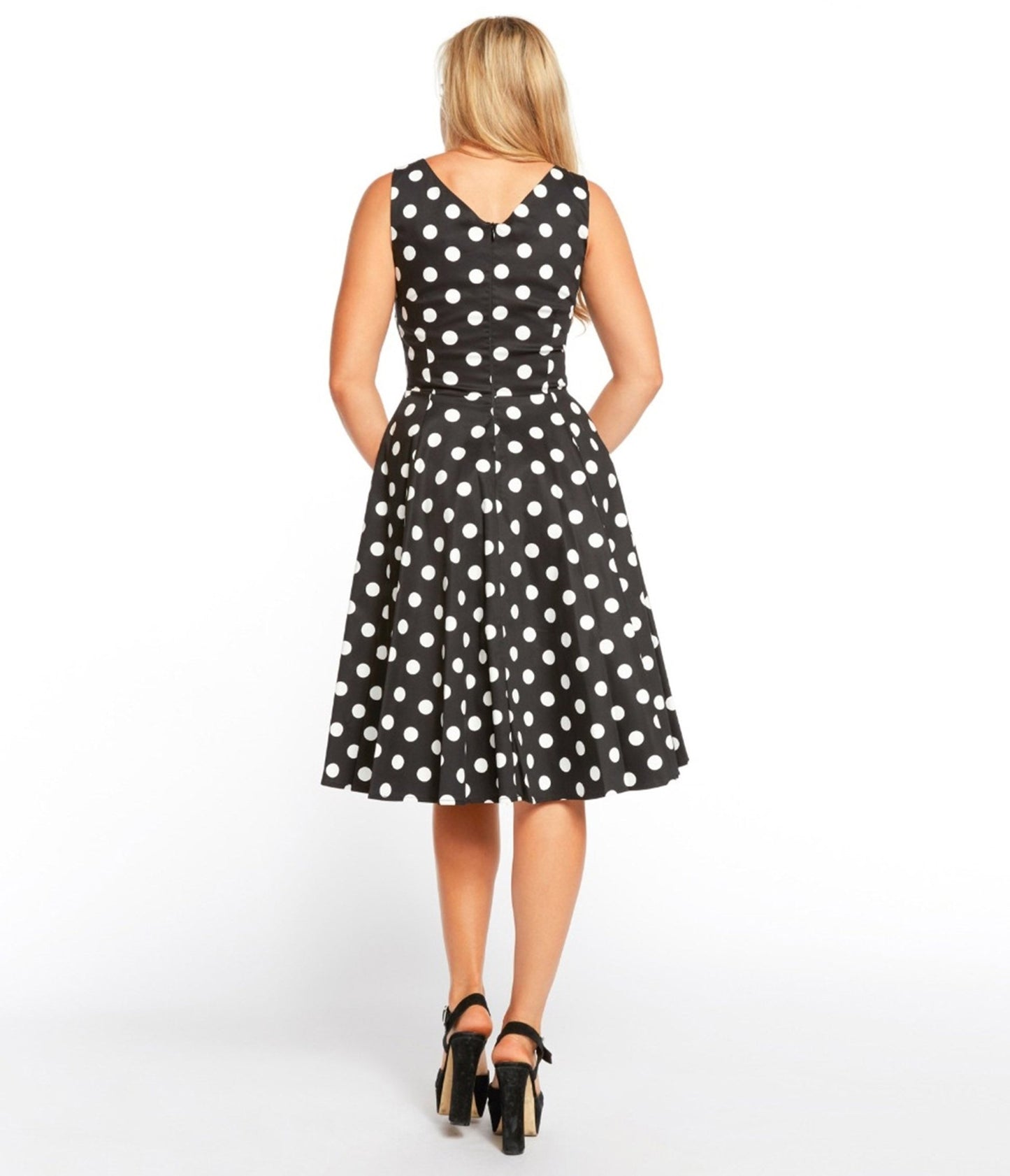 Black & White Polka Dot Sleeveless Swing Dress - Unique Vintage - Womens, DRESSES, FIT AND FLARE